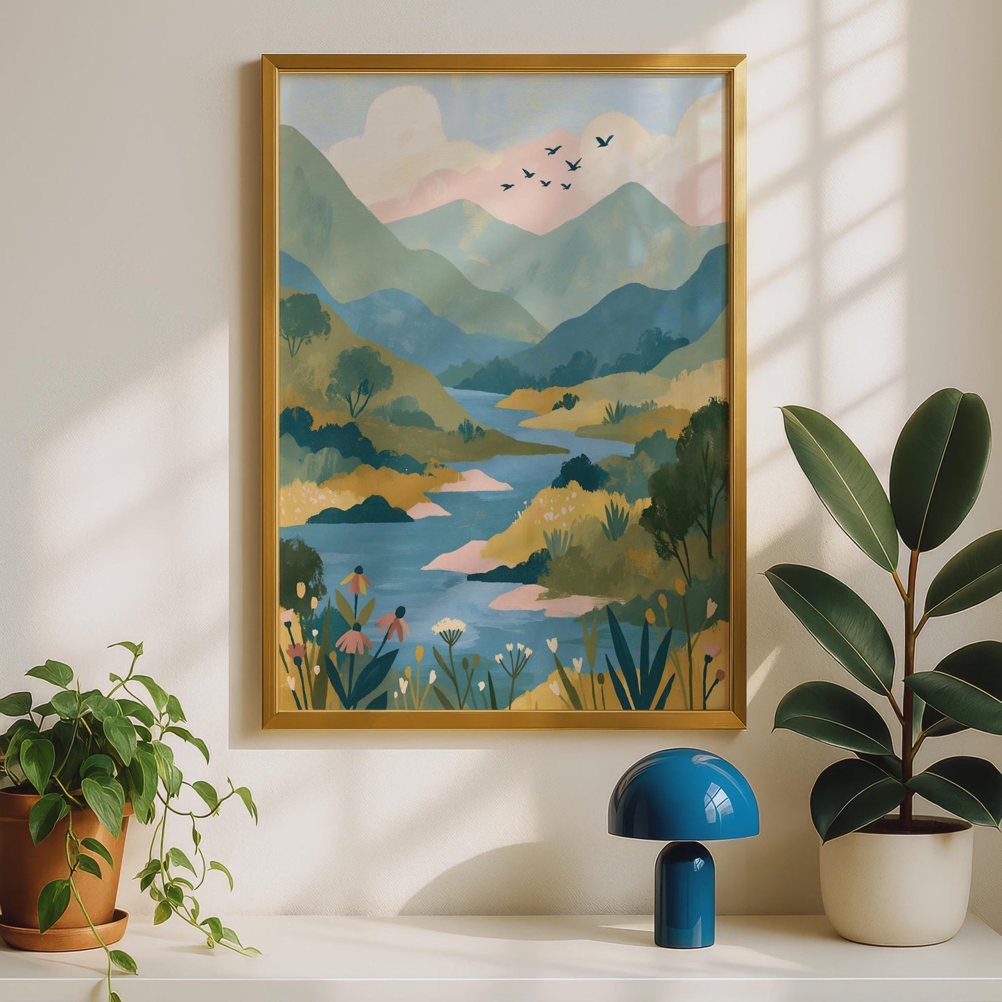 Mountain River Valley Art Print, Folk Illustrated Landscape Poster, Wildflower Nature Wall Art