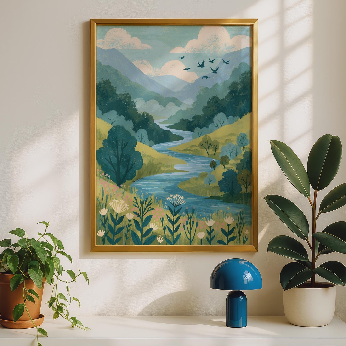 River Valley Landscape Poster, Wildflower Meadow Wall Art, Nature Print, Green Teal