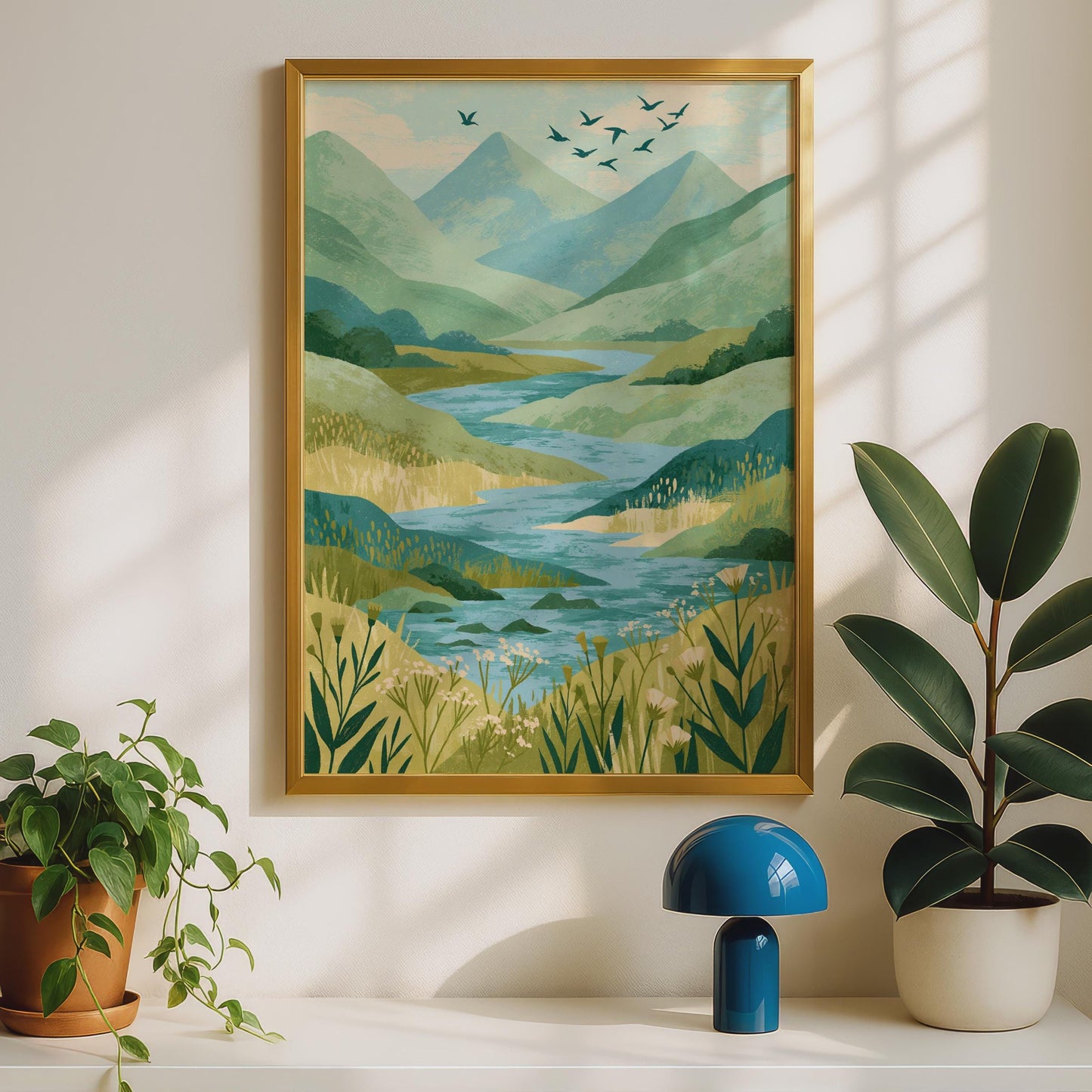 Mountain River Valley Art Print, Green Nature Landscape Poster, Birds Flying Wall Art