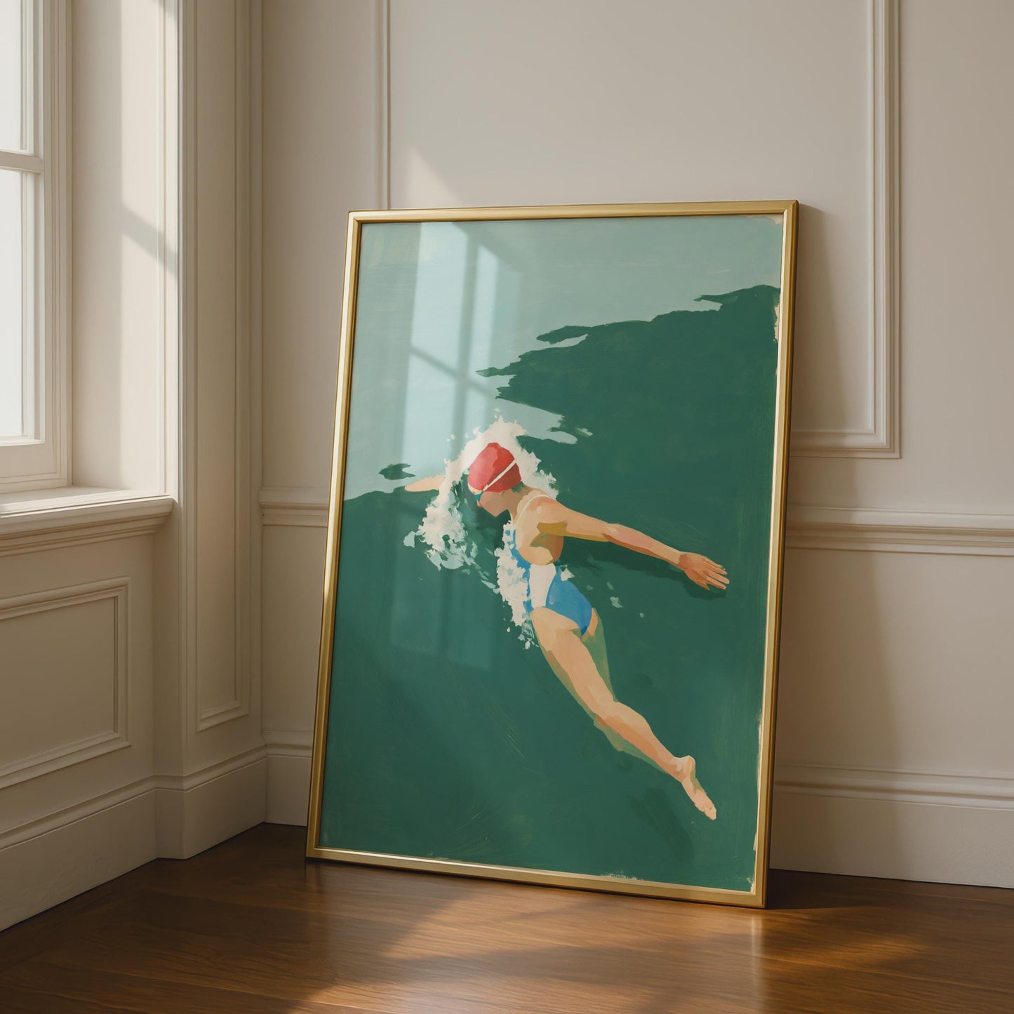 Female Swimmer Art Print, Open Water Swimming Poster, Teal Green Wall Art, Gift for Swimmers