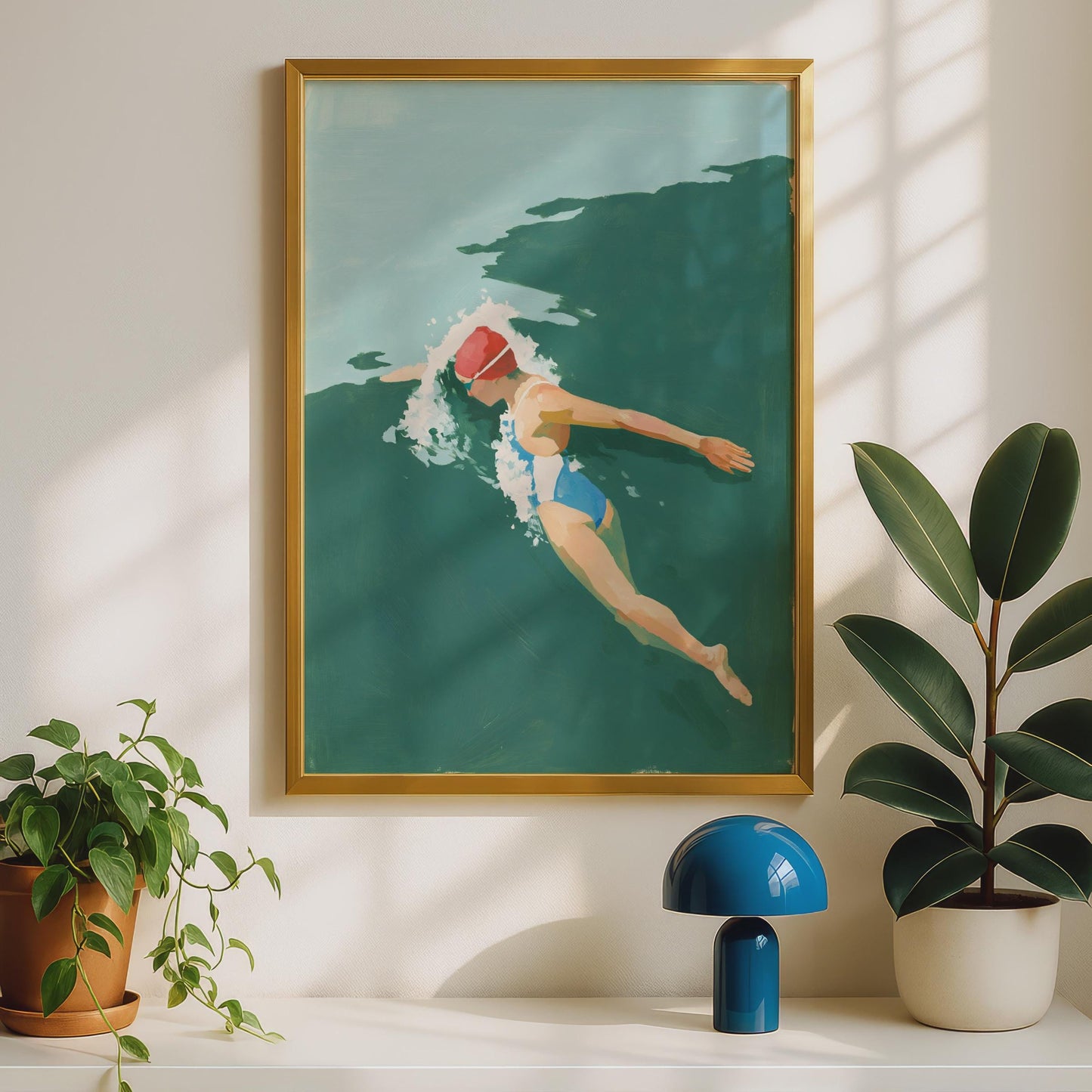 Female Swimmer Art Print, Open Water Swimming Poster, Teal Green Wall Art, Gift for Swimmers