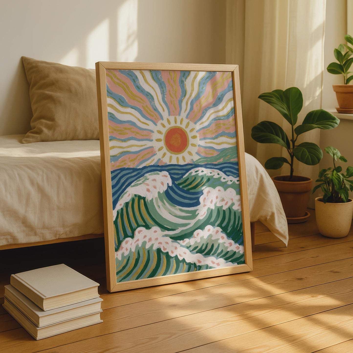 Vibrant Ocean Waves Art Print, Colourful Sun and Sea Wall Art, Coastal Home Decor, Beachy Aesthetic