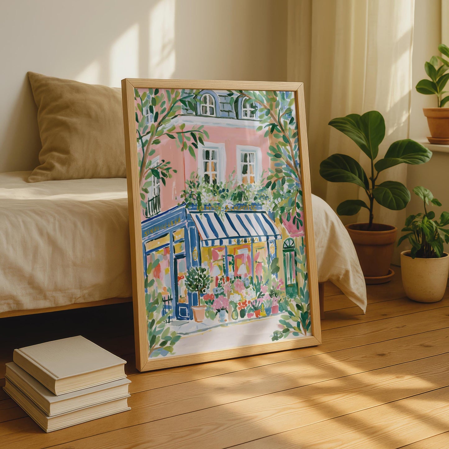 Charming Floral Shop Art Print, Parisian Scene, Colourful Wall Decor for Kitchen or Living Room