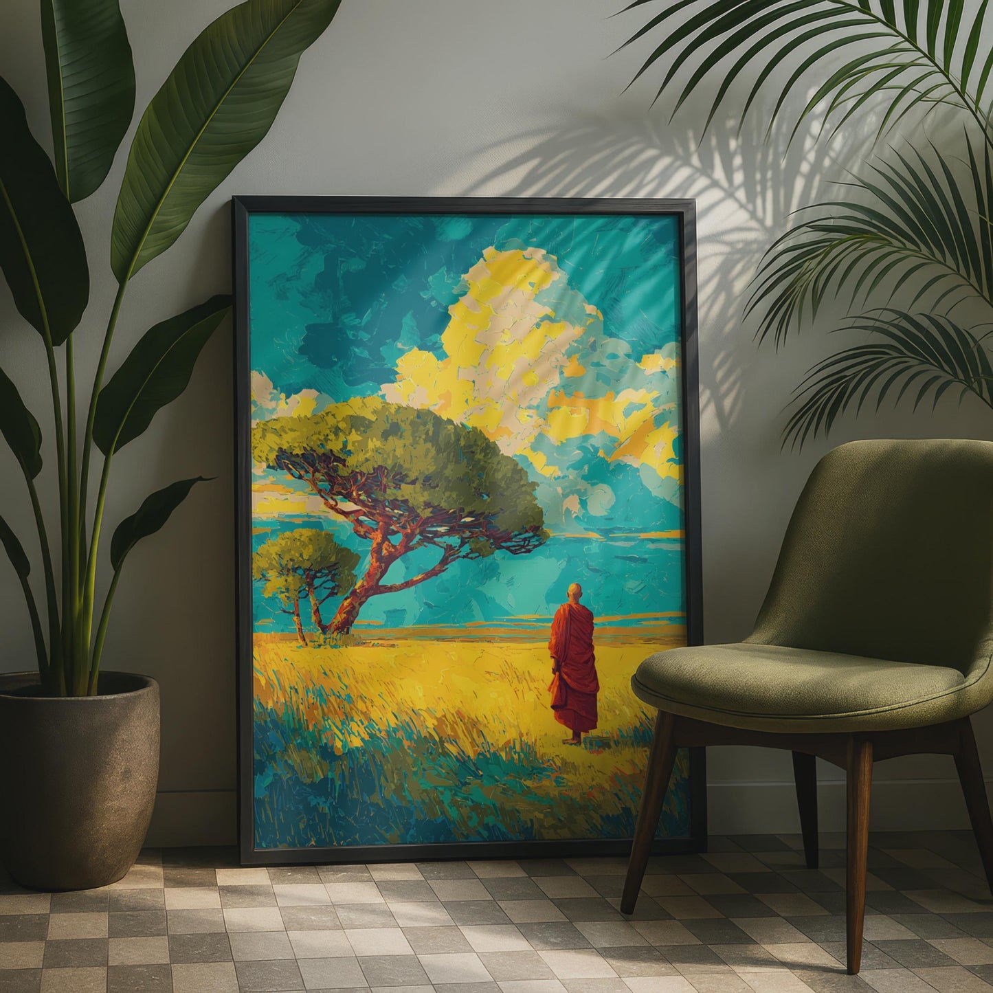 Serene Monk Art Print, Vibrant Landscape Wall Art, Colourful Meditation Poster, Nature Decor
