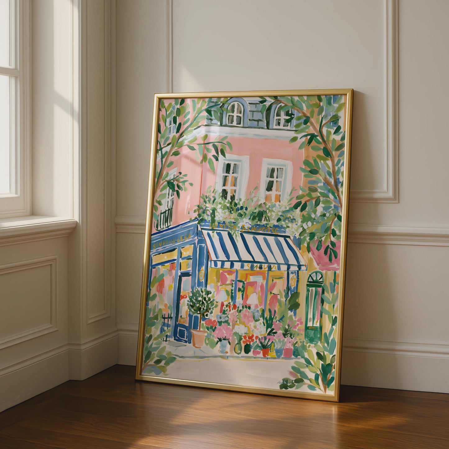 Charming Floral Shop Art Print, Parisian Scene, Colourful Wall Decor for Kitchen or Living Room