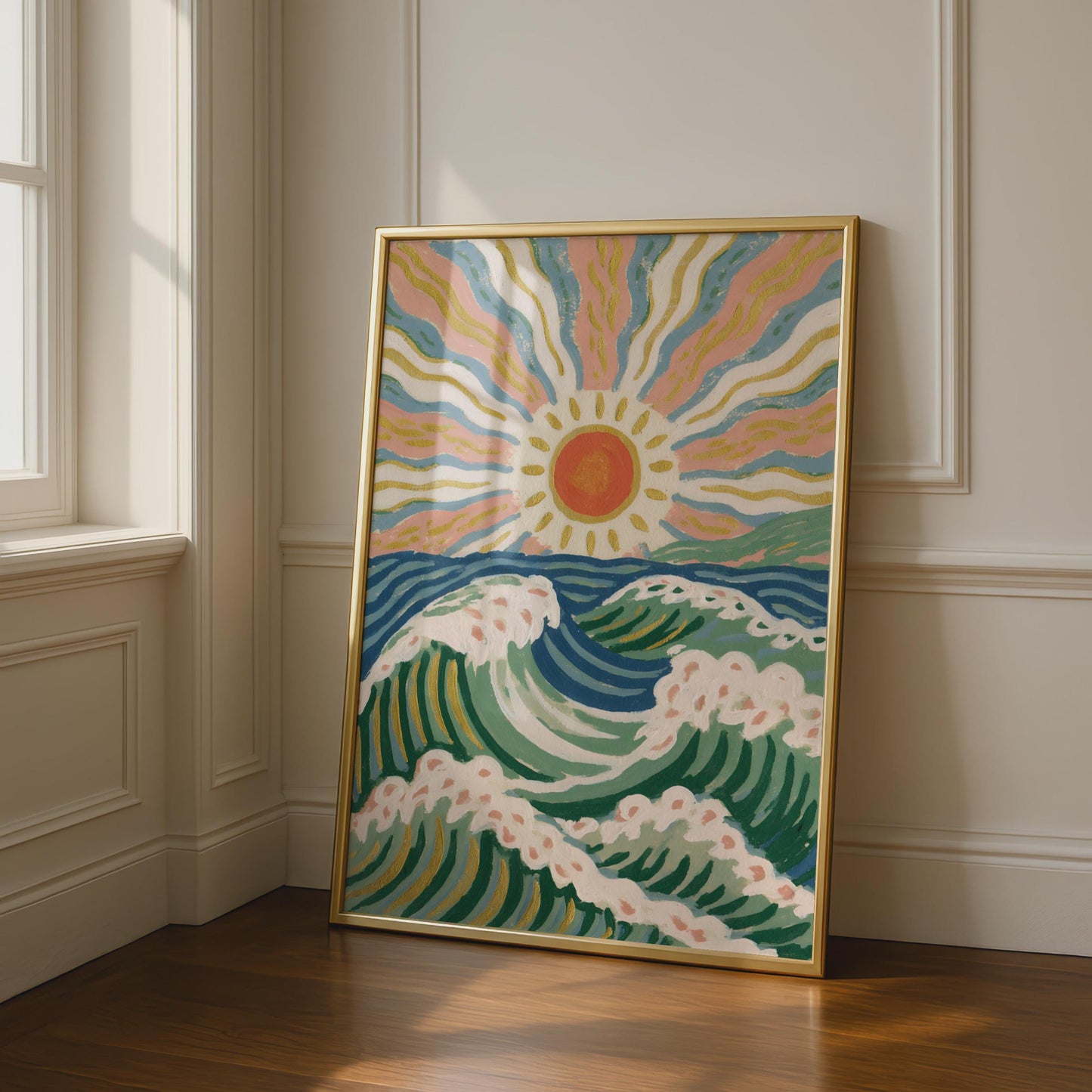 Vibrant Ocean Waves Art Print, Colourful Sun and Sea Wall Art, Coastal Home Decor, Beachy Aesthetic