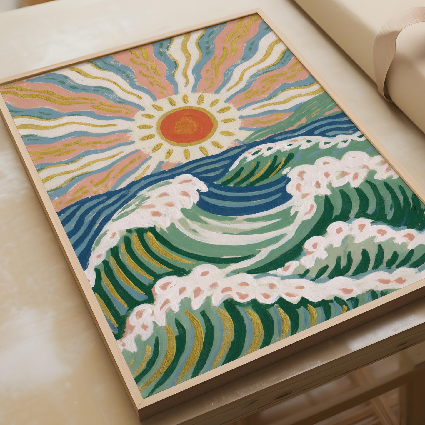 Vibrant Ocean Waves Art Print, Colourful Sun and Sea Wall Art, Coastal Home Decor, Beachy Aesthetic