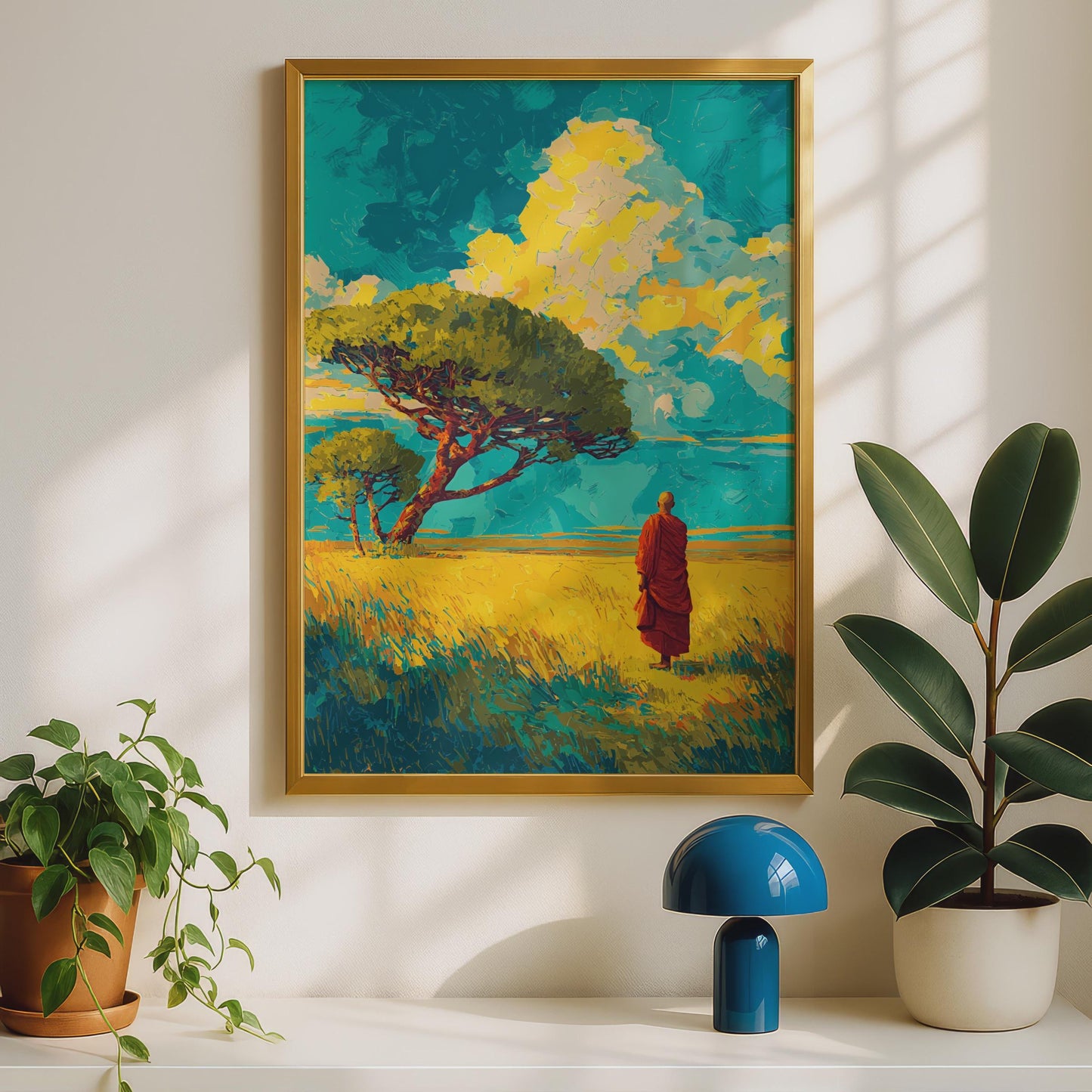 Serene Monk Art Print, Vibrant Landscape Wall Art, Colourful Meditation Poster, Nature Decor