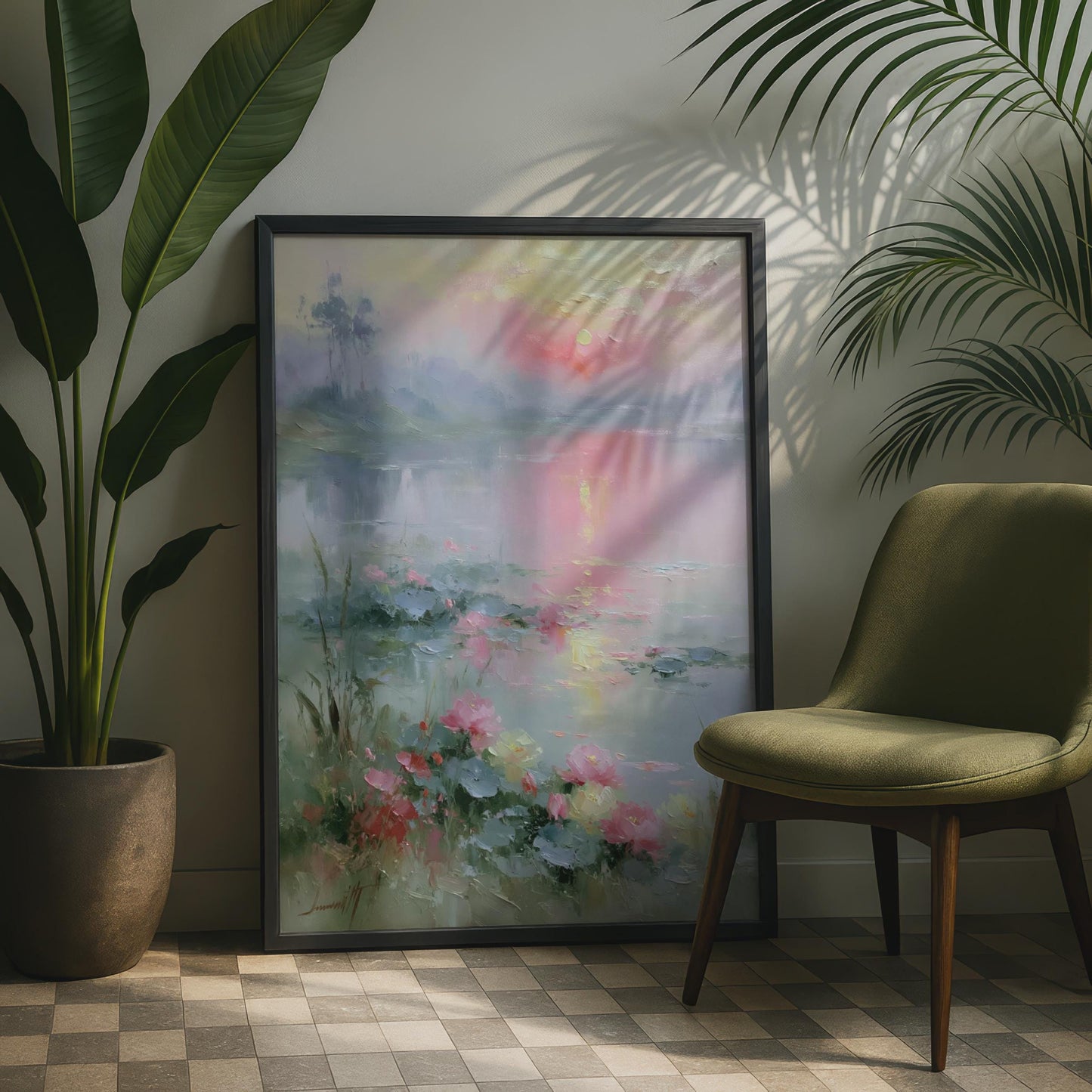 Misty Lake Sunrise Poster, Pink Lotus Flowers Wall Art, Impressionist Landscape Print