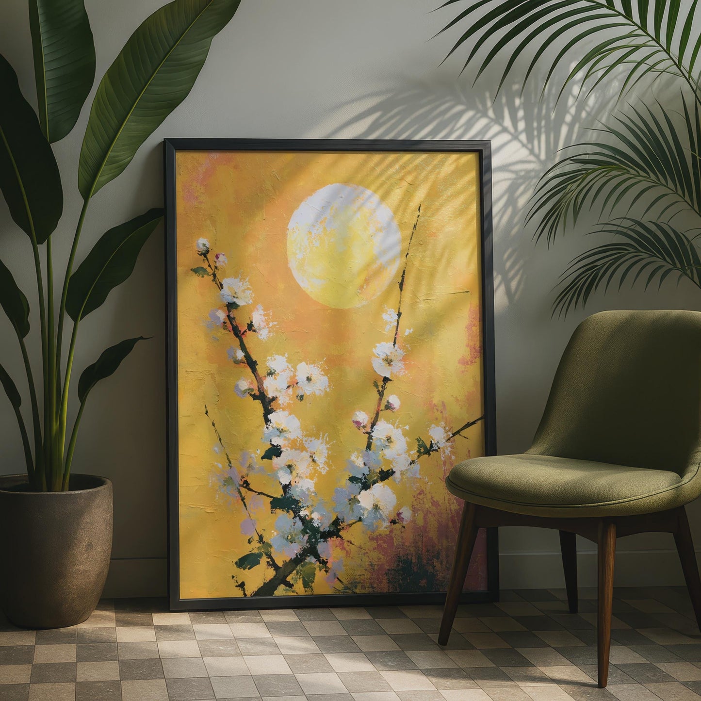Cherry Blossom Moon Poster, White Floral Wall Art, Gold Yellow Botanical Print