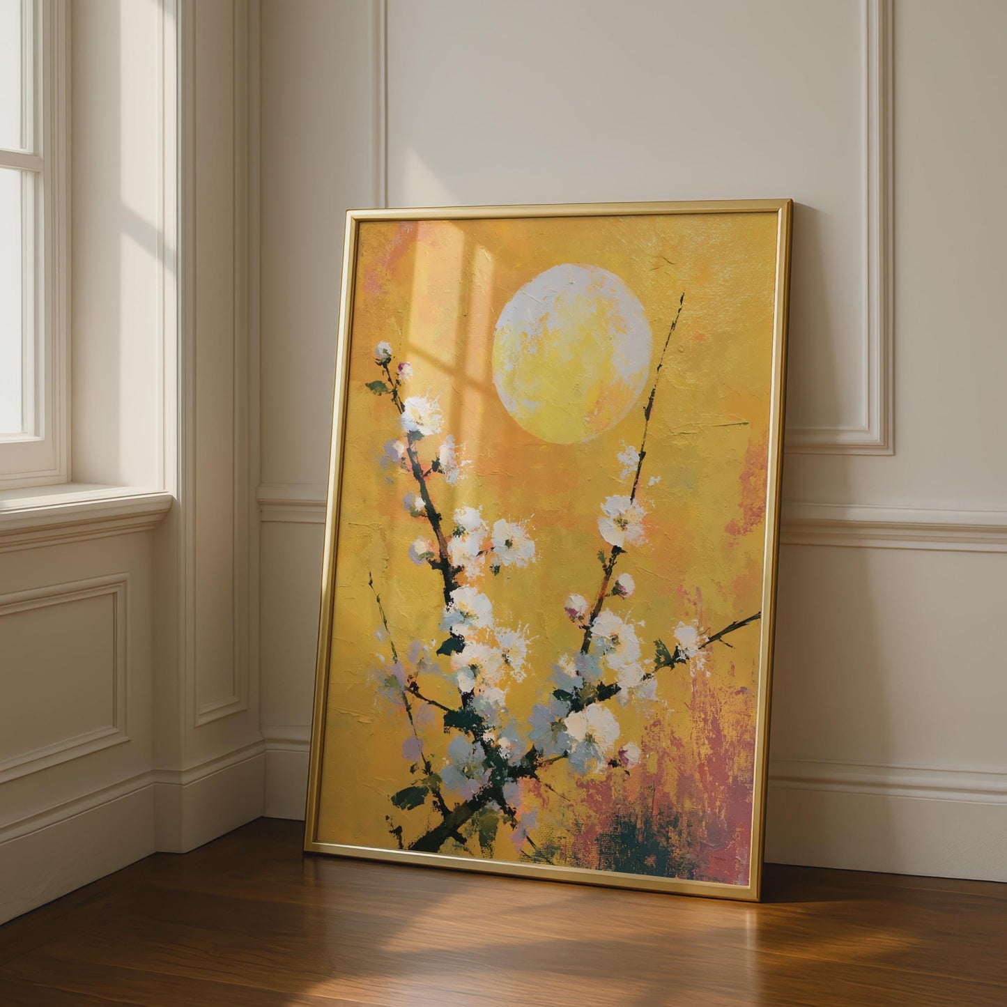 Cherry Blossom Moon Poster, White Floral Wall Art, Gold Yellow Botanical Print