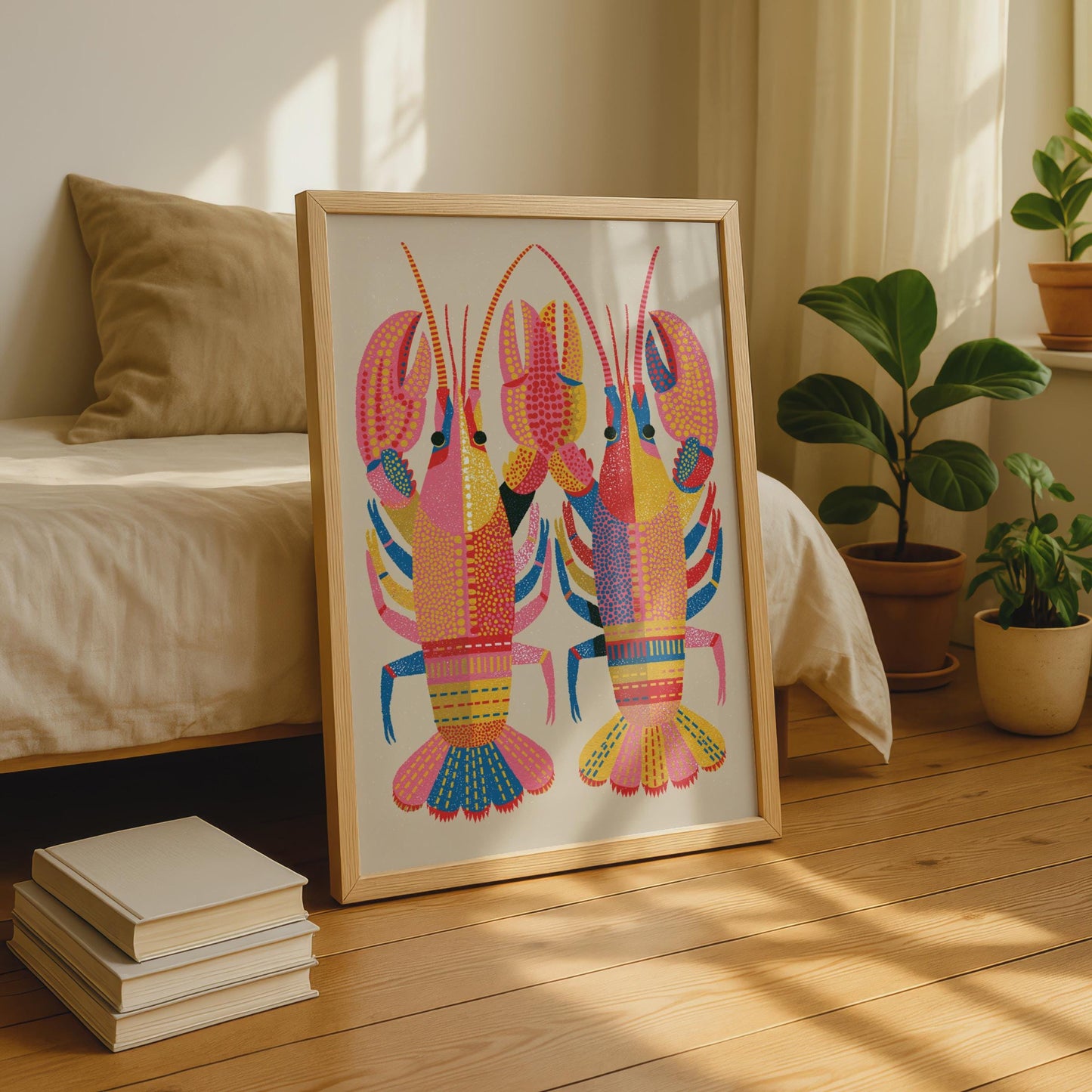Colourful Lobster Print, Bold Folk Art Poster, Pink Red Blue Kitchen Wall Art