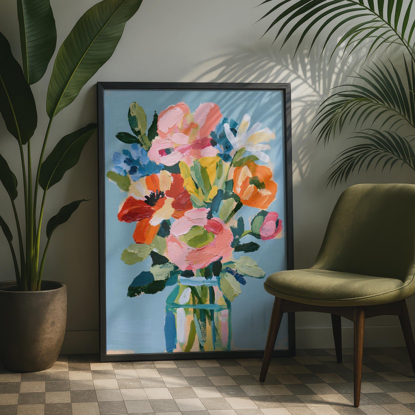 Colourful Floral Bouquet Wall Art Print, Painterly Flower Vase Poster, Blue Pink
