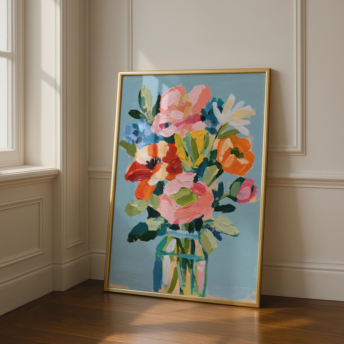 Colourful Floral Bouquet Wall Art Print, Painterly Flower Vase Poster, Blue Pink