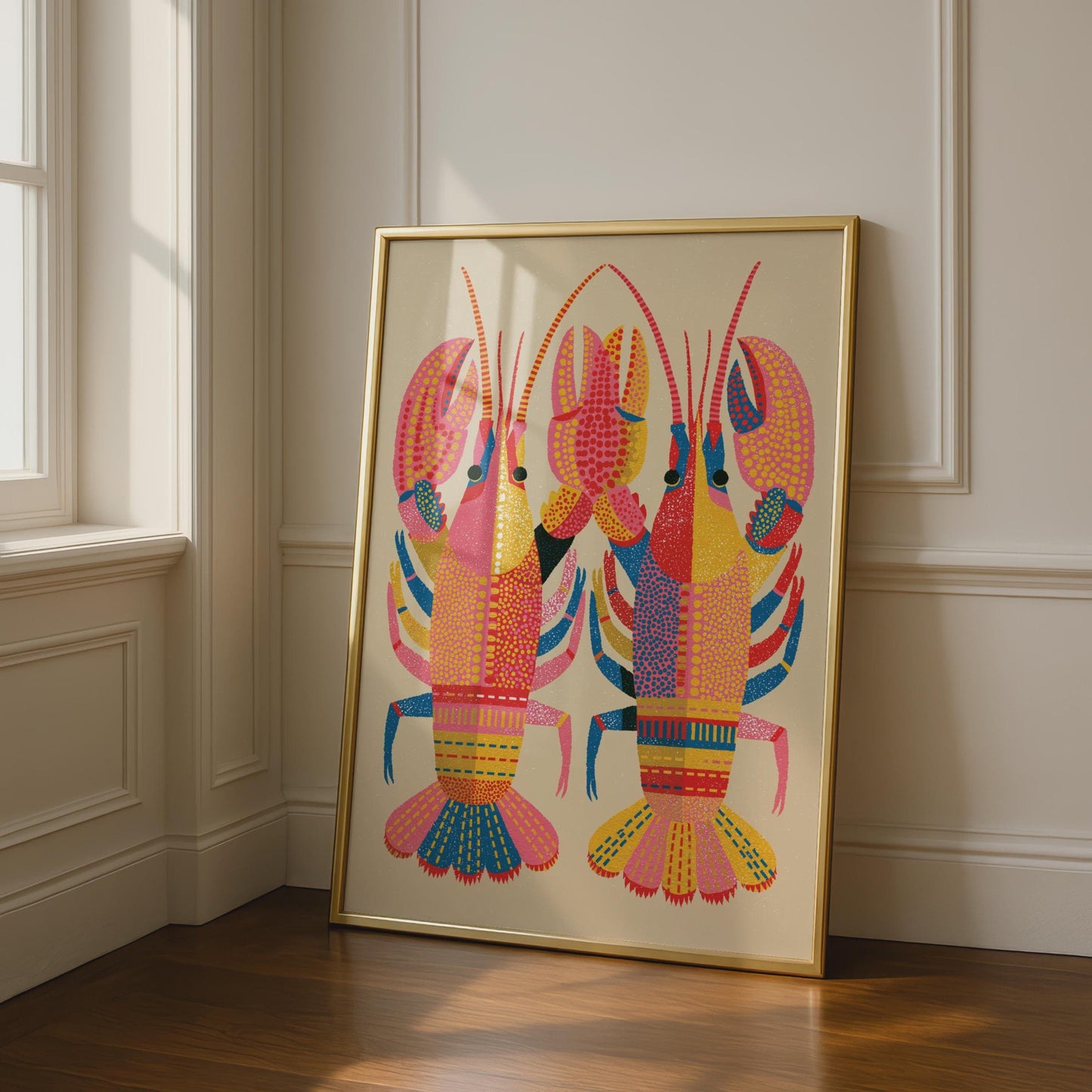 Colourful Lobster Print, Bold Folk Art Poster, Pink Red Blue Kitchen Wall Art