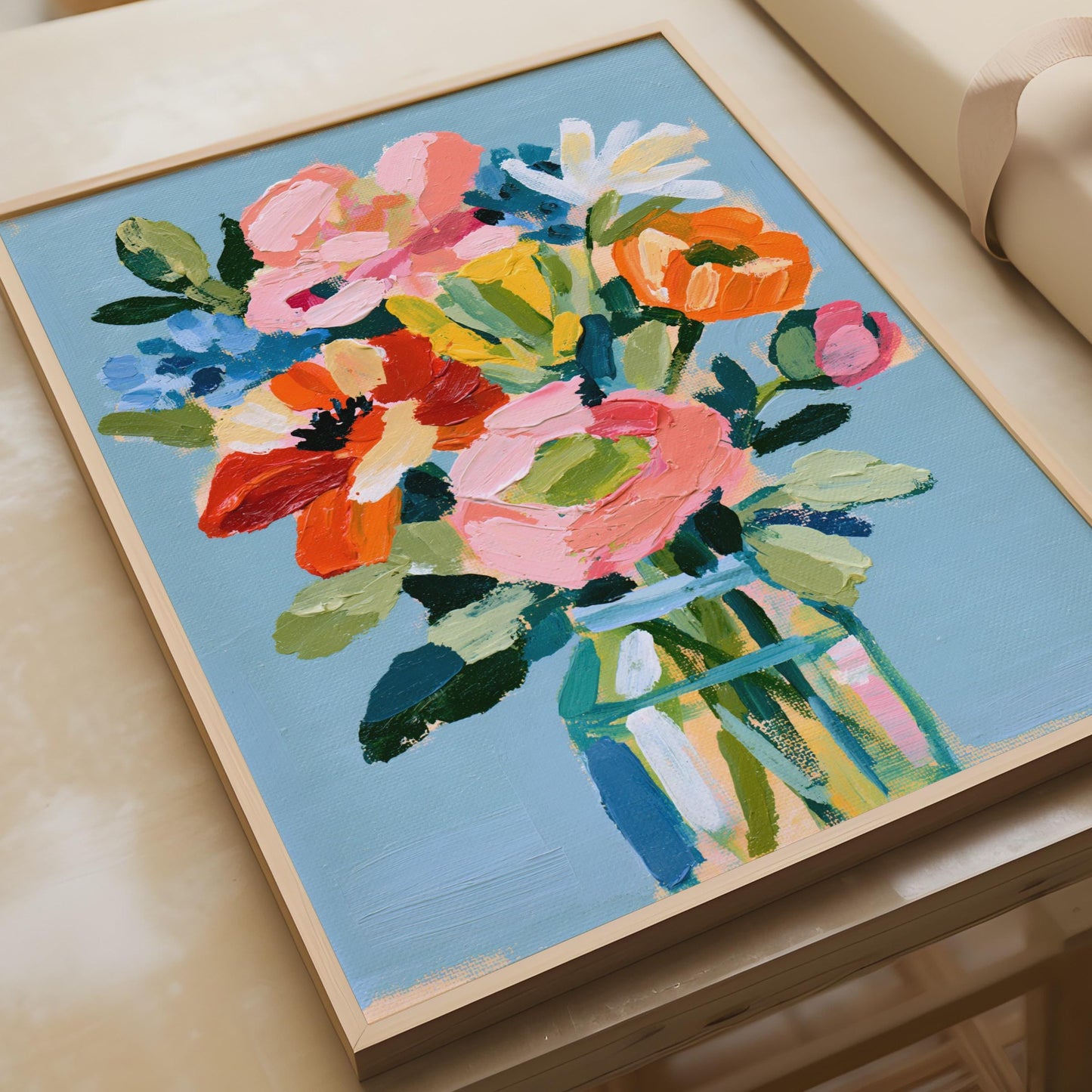 Colourful Floral Bouquet Wall Art Print, Painterly Flower Vase Poster, Blue Pink