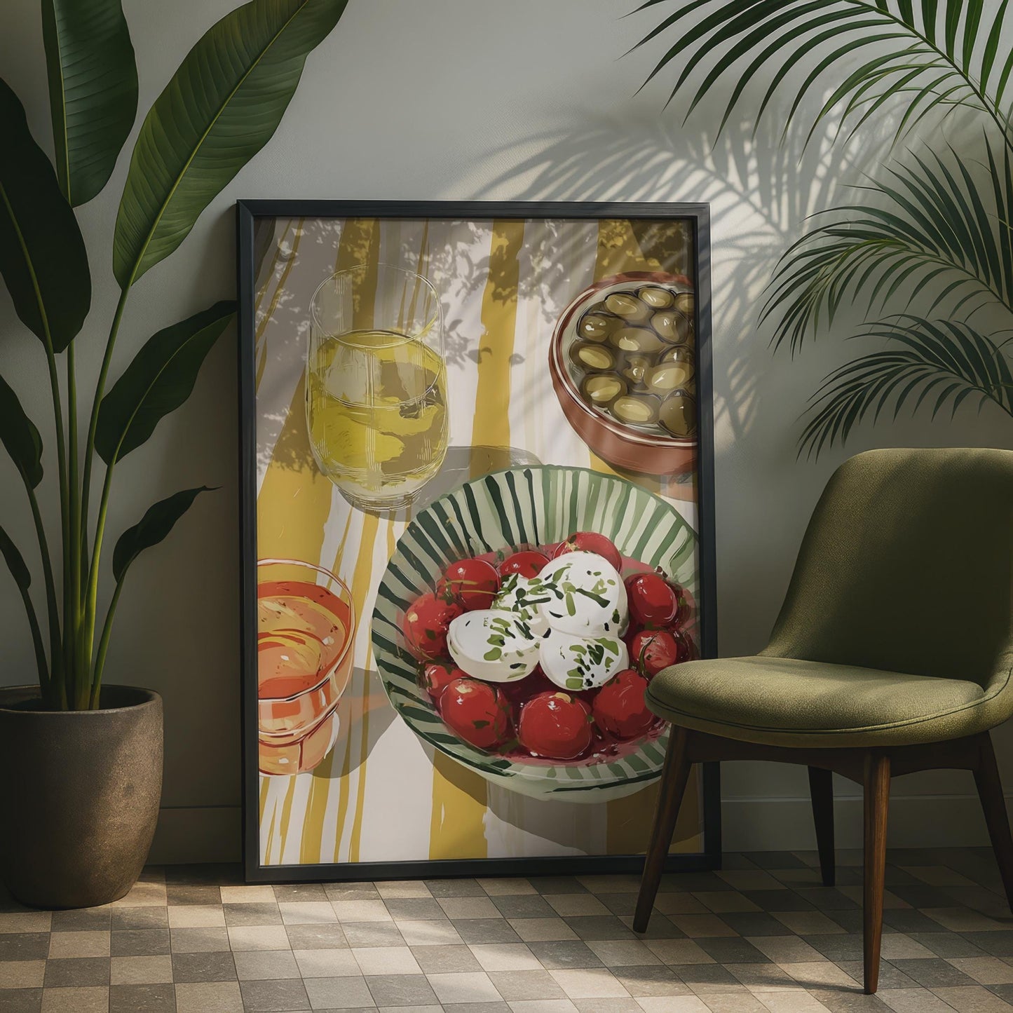 Mediterranean Food Print, Burrata Tomato Olive Wall Art, Kitchen Poster, Italian Dining