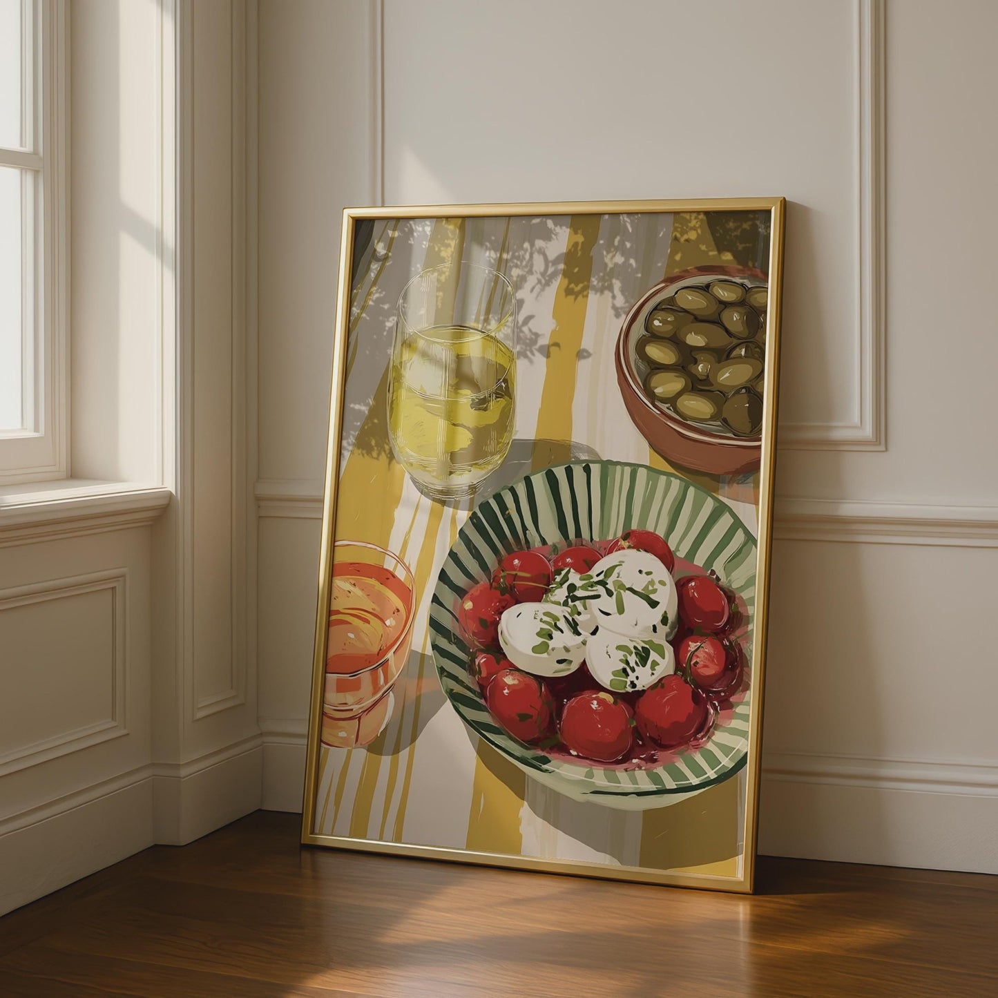 Mediterranean Food Print, Burrata Tomato Olive Wall Art, Kitchen Poster, Italian Dining