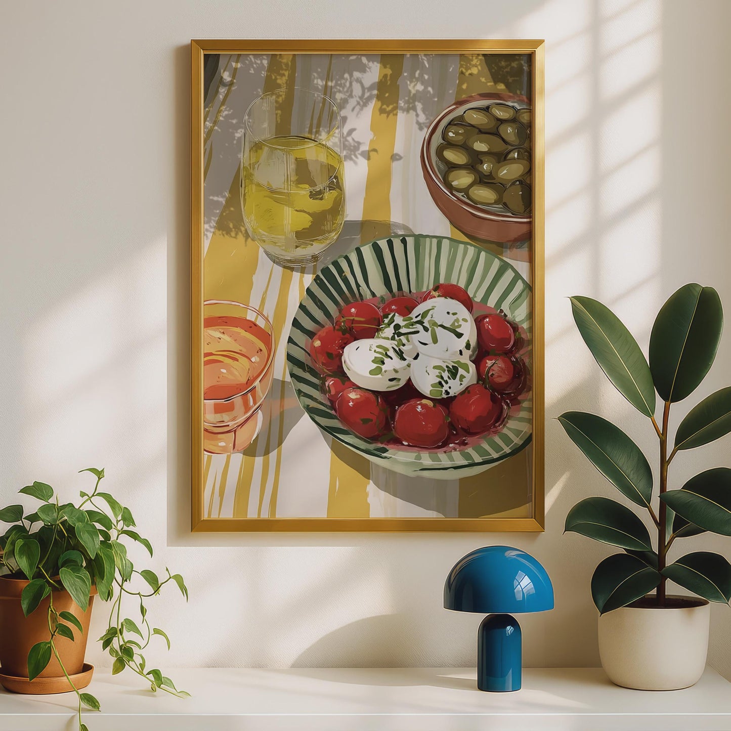 Mediterranean Food Print, Burrata Tomato Olive Wall Art, Kitchen Poster, Italian Dining