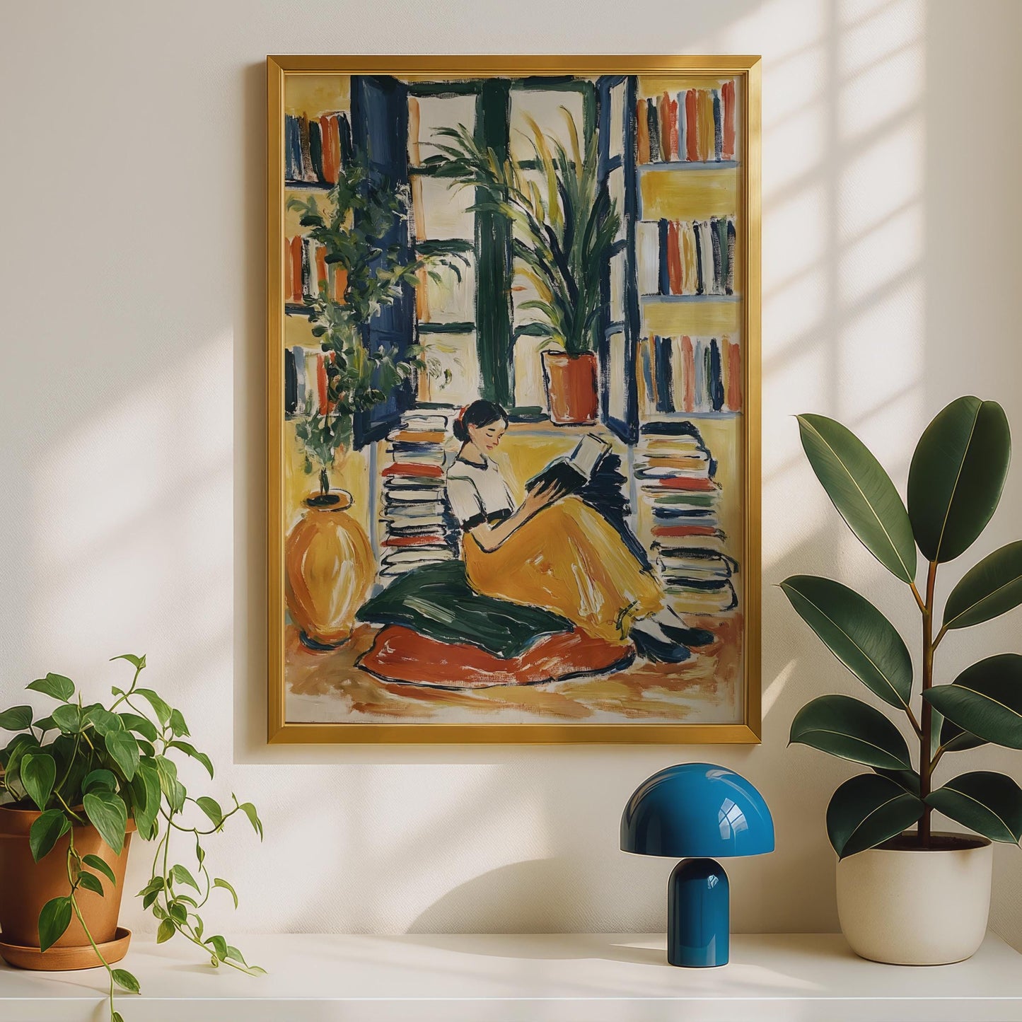 Woman Reading Book Poster, Library Art Print, Bookworm Wall Art, Colourful Painted Style