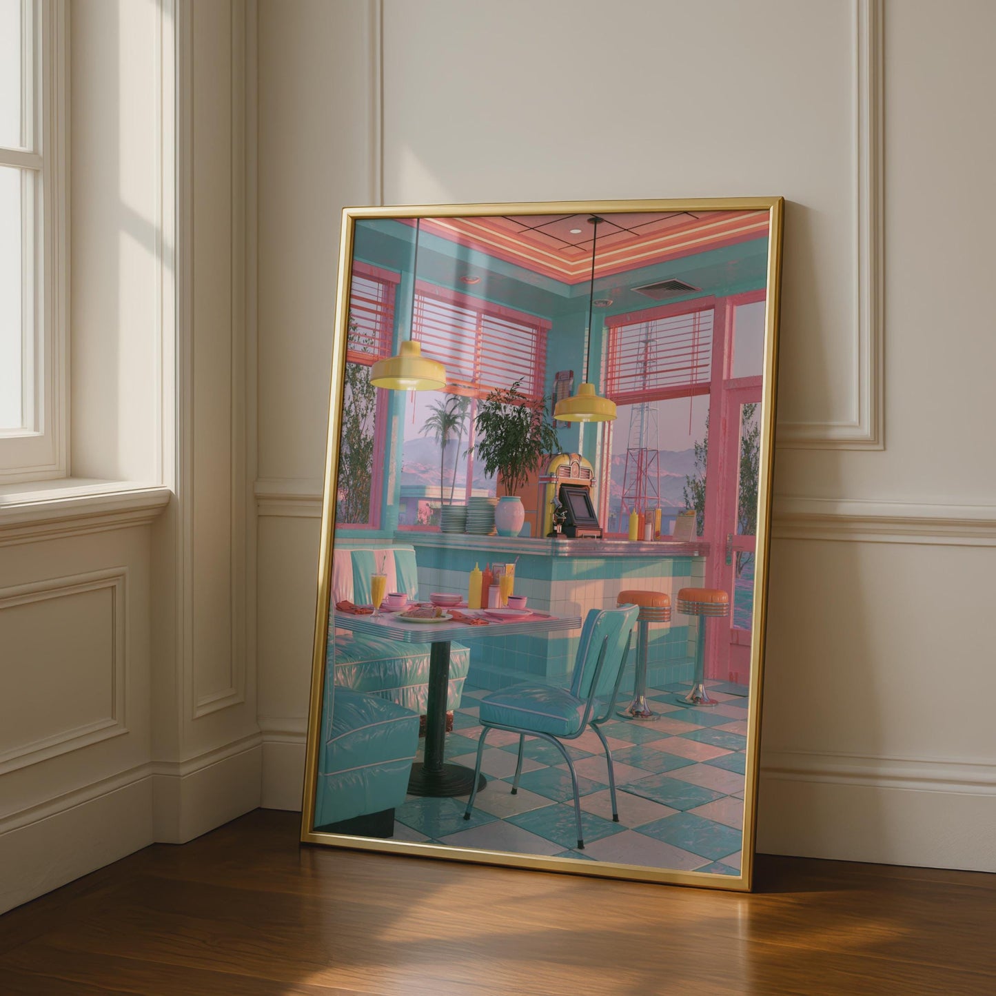 Retro American Diner Poster, 1950s Pastel Neon Wall Art, Vintage Diner Print