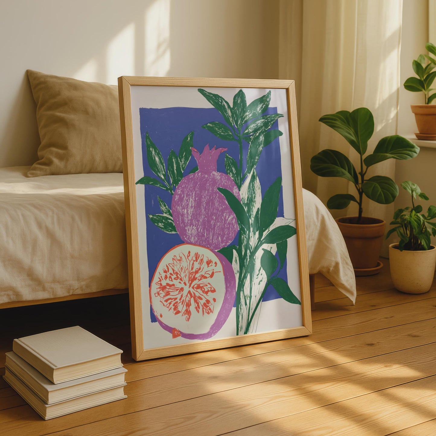 Pomegranate Botanical Art Print, Bold Fruit Wall Art, Blue Green Kitchen Poster
