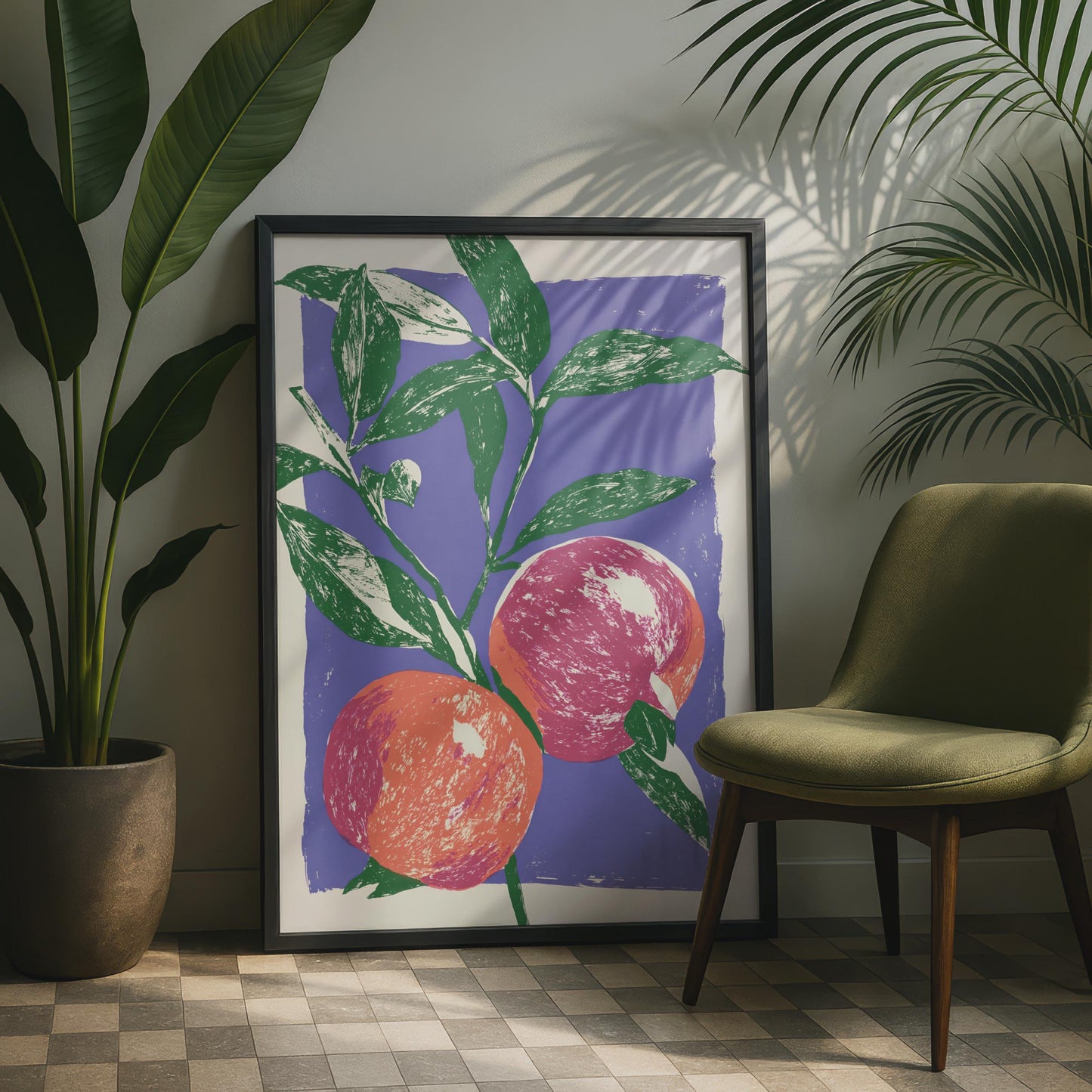 Peach Fruit Botanical Poster, Linocut Style Wall Art, Purple Green Kitchen Print