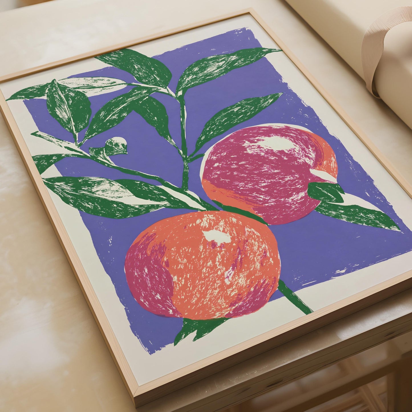 Peach Fruit Botanical Poster, Linocut Style Wall Art, Purple Green Kitchen Print