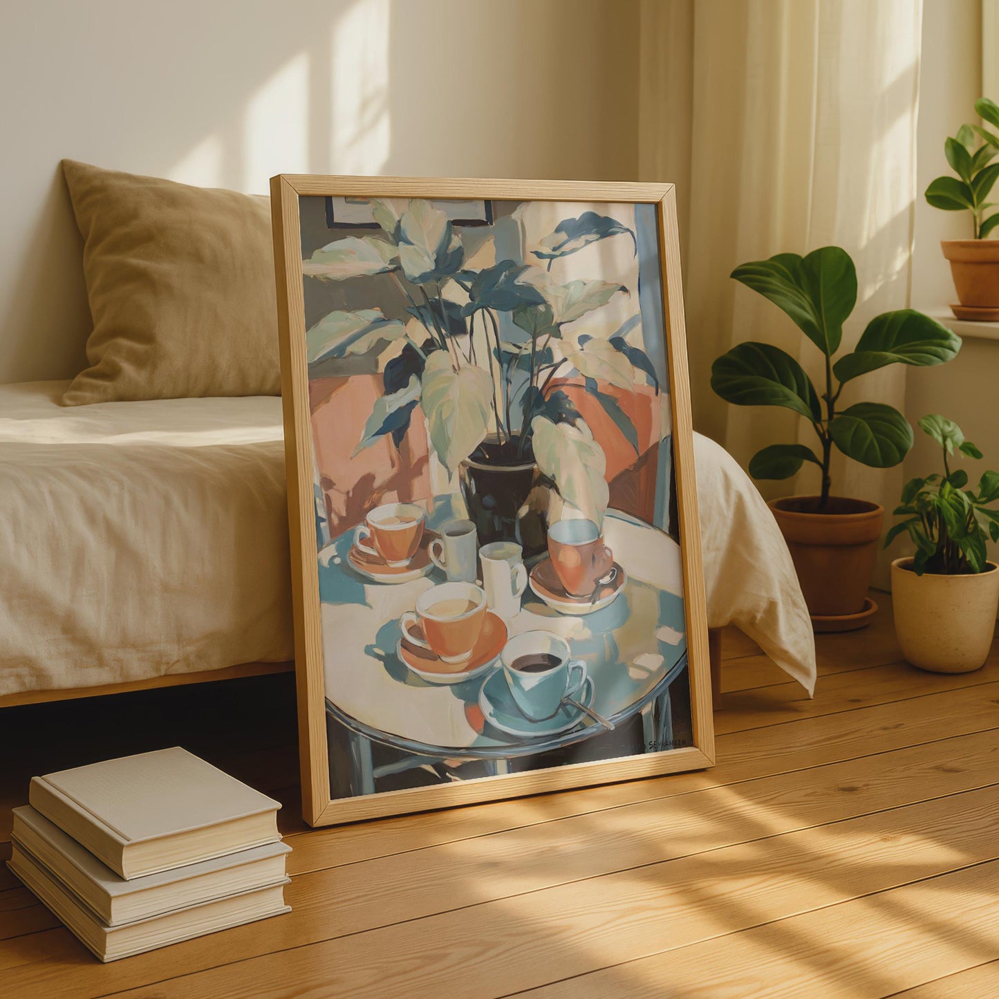 Coffee Table Still Life Art Print, Cafe Plant Poster, Terracotta Teal Wall Art, Kitchen Decor