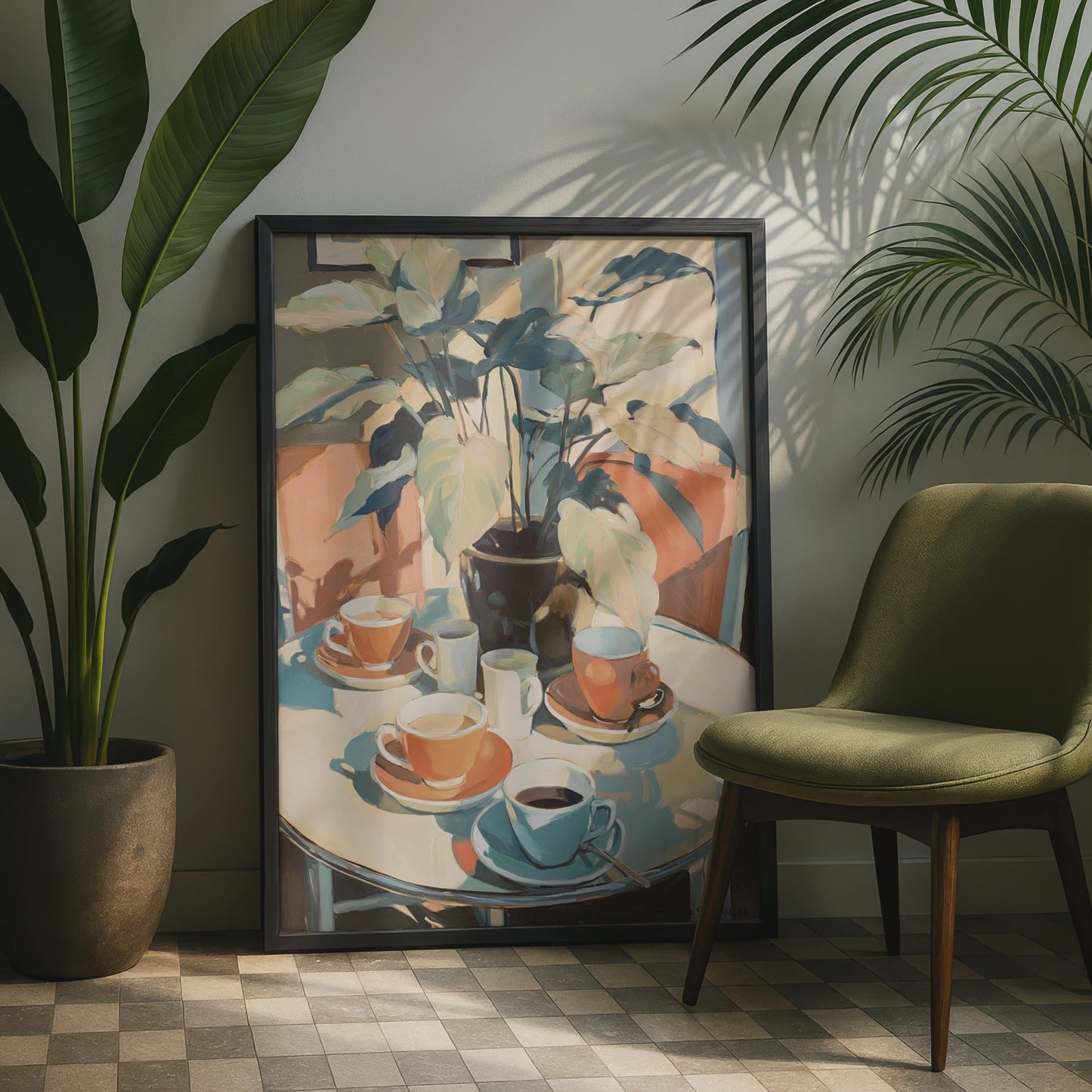 Coffee Table Still Life Art Print, Cafe Plant Poster, Terracotta Teal Wall Art, Kitchen Decor