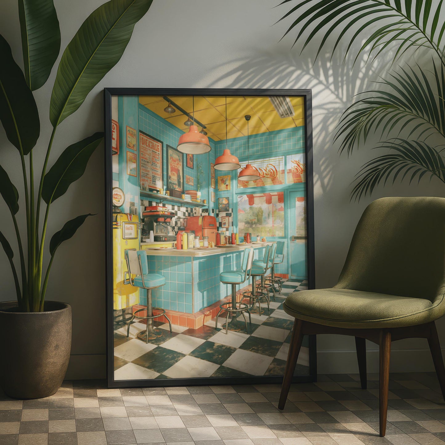 Retro American Diner Poster, 1950s Vintage Diner Wall Art, Teal Kitchen Print