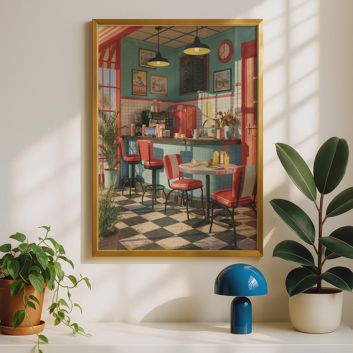 Retro American Diner Poster, 1950s Coffee Shop Wall Art, Vintage Cafe Print
