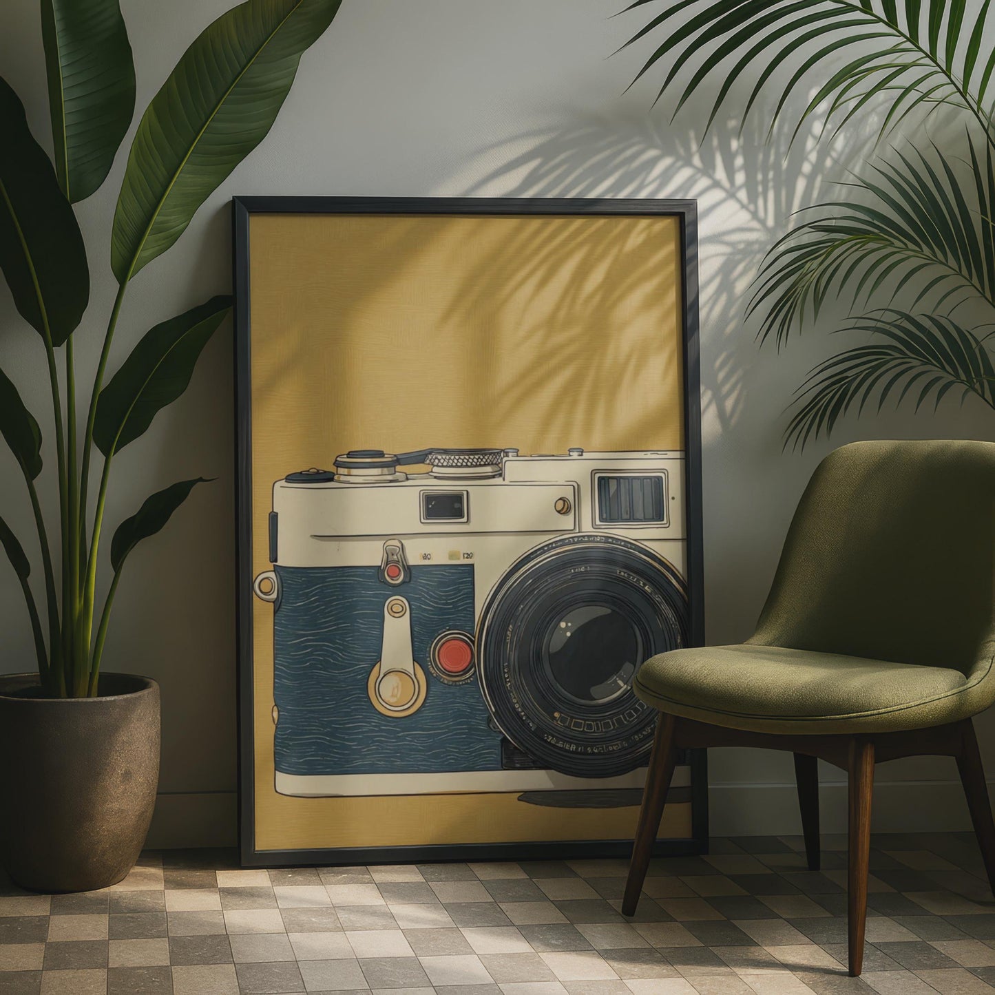 Vintage Camera Art Print, Retro Film Camera Poster, Photography Wall Art, Blue Gold