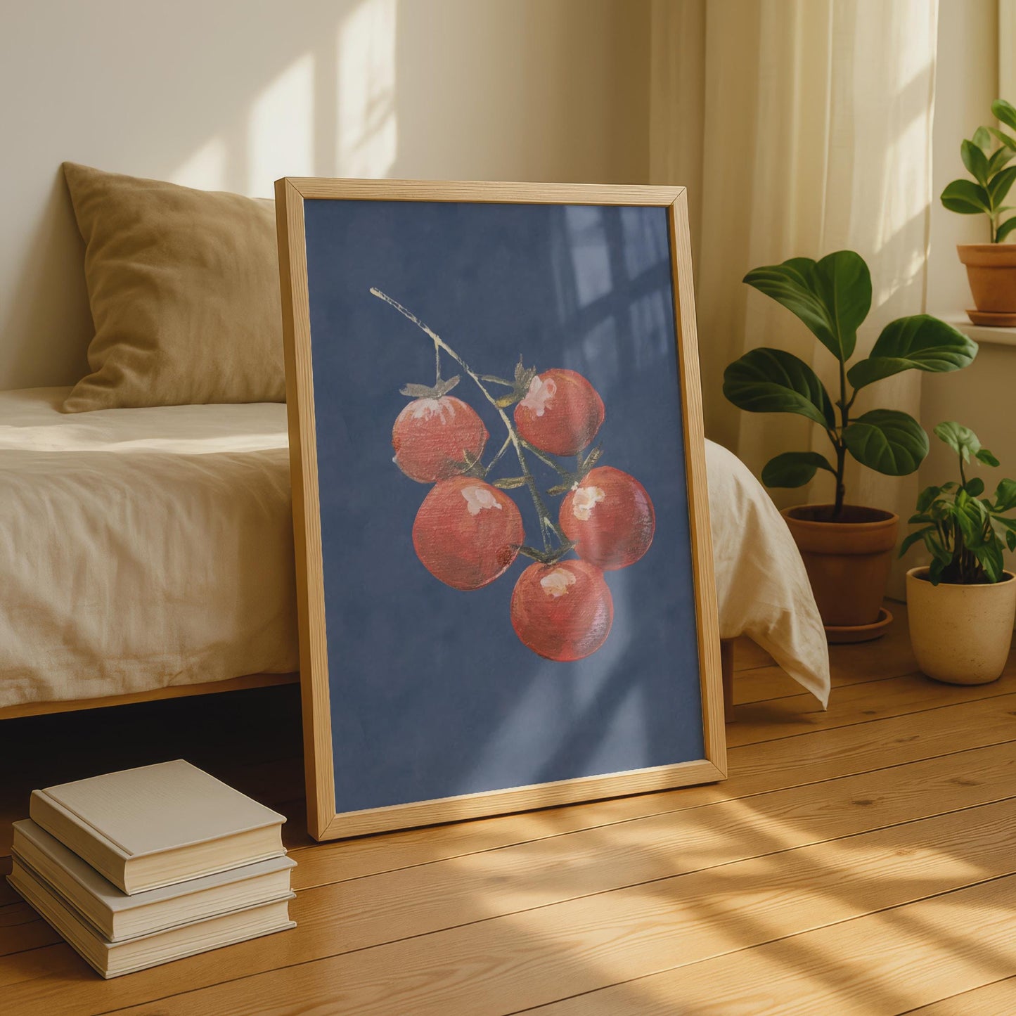 Cherry Tomatoes On The Vine Poster, Kitchen Wall Art, Red and Navy Blue Print