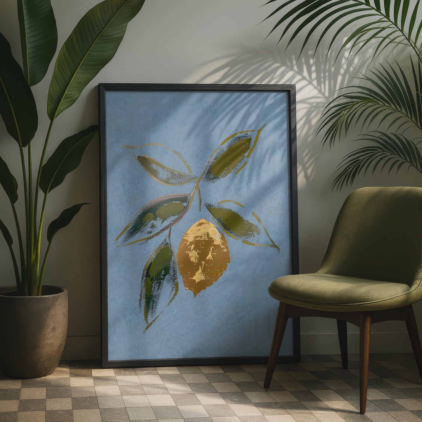 Gold Lemon Botanical Print, Blue and Olive Wall Art, Citrus Fruit Poster, Kitchen Decor