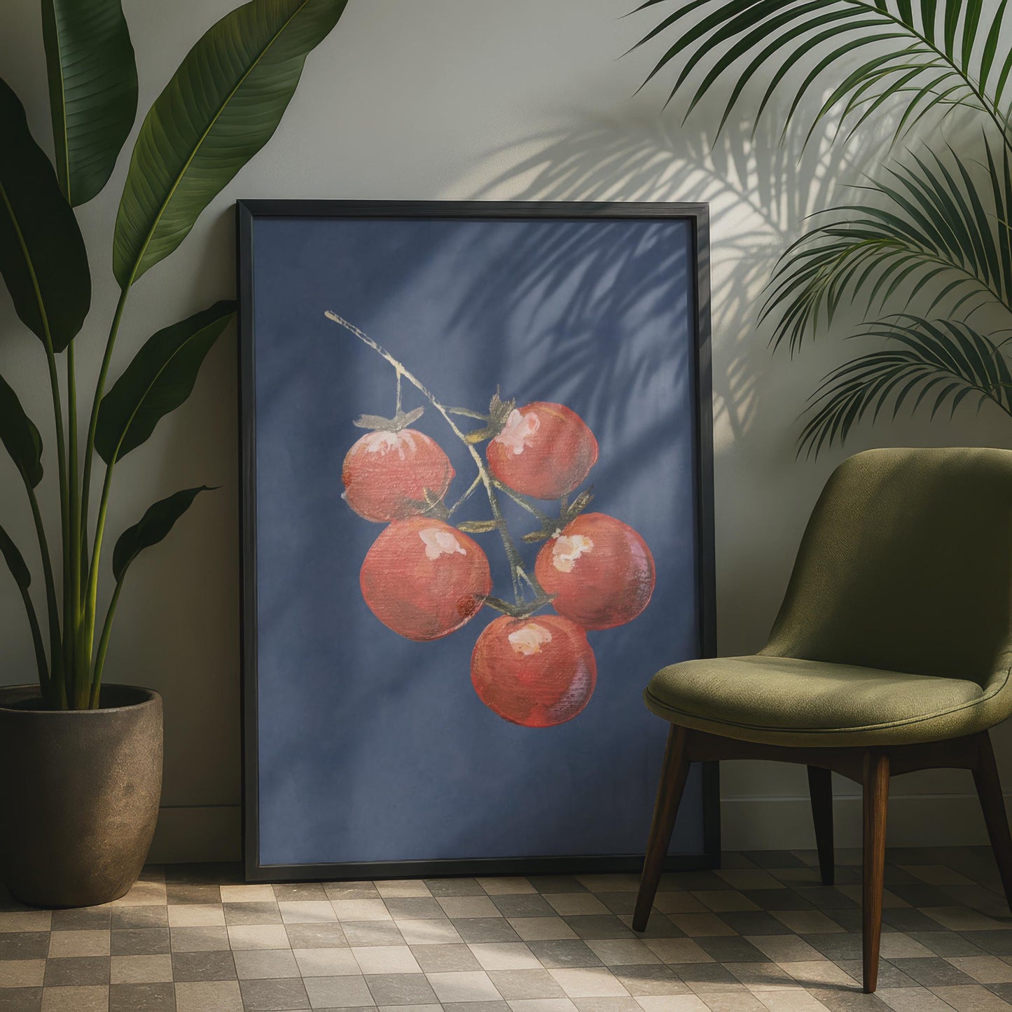 Cherry Tomatoes On The Vine Poster, Kitchen Wall Art, Red and Navy Blue Print