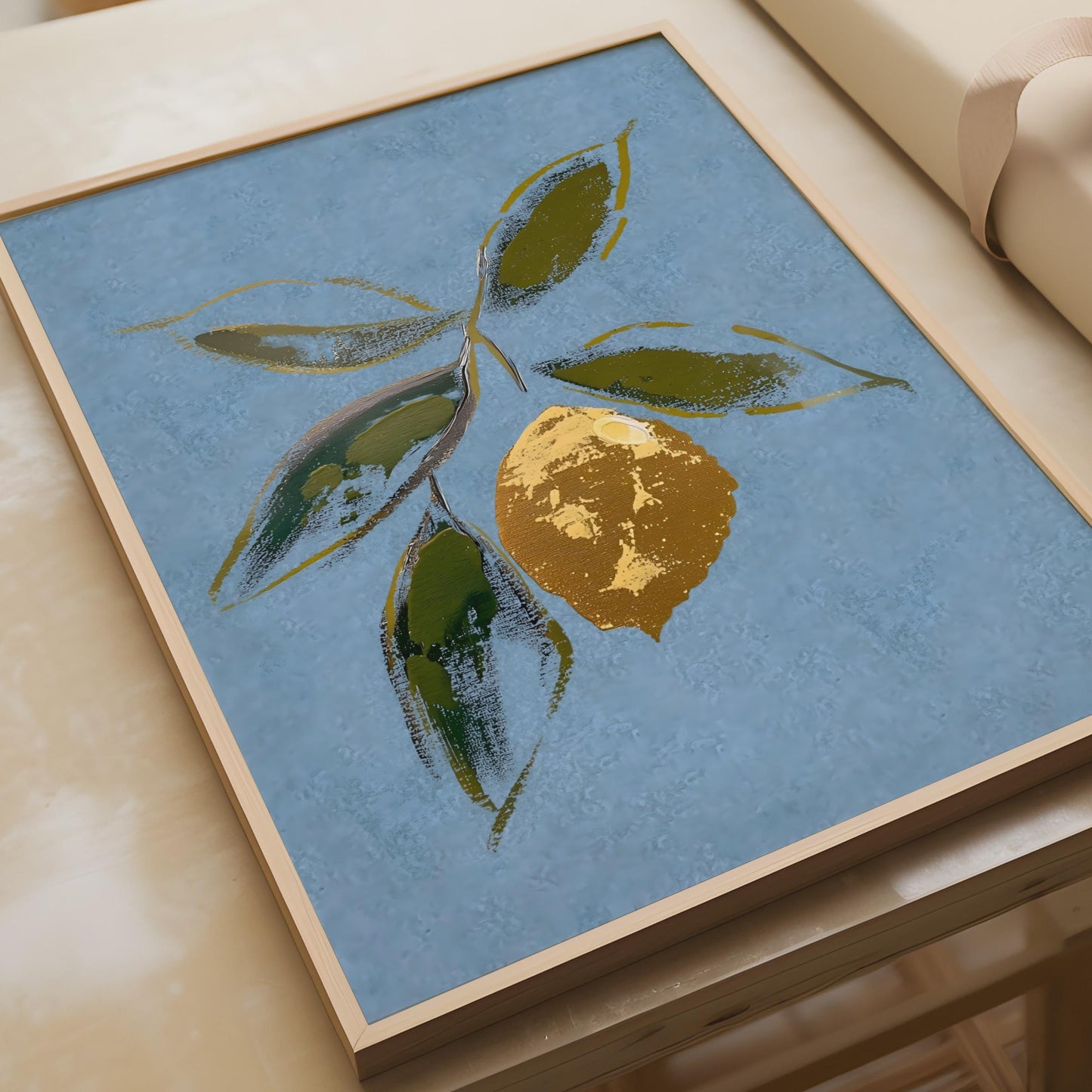 Gold Lemon Botanical Print, Blue and Olive Wall Art, Citrus Fruit Poster, Kitchen Decor