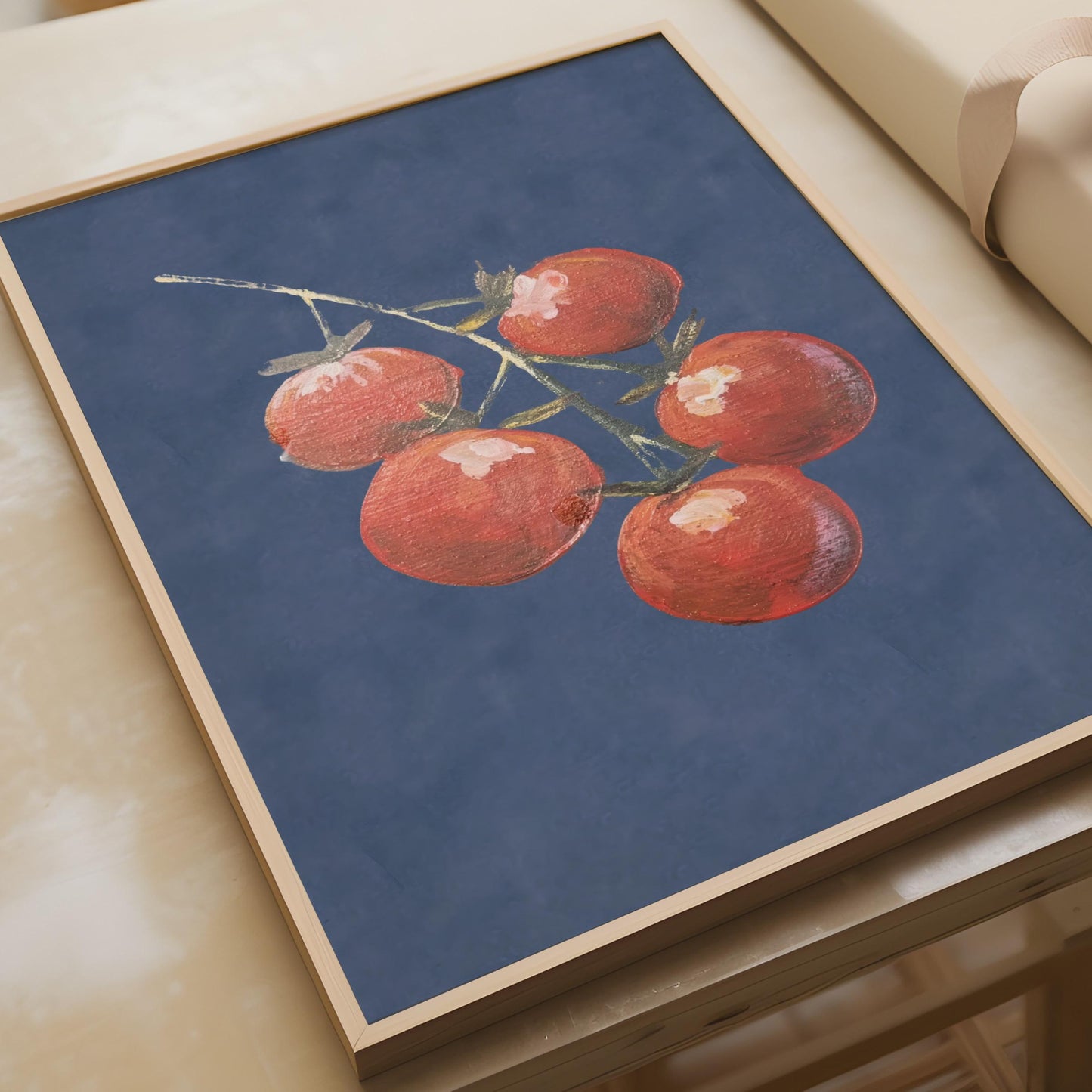 Cherry Tomatoes On The Vine Poster, Kitchen Wall Art, Red and Navy Blue Print