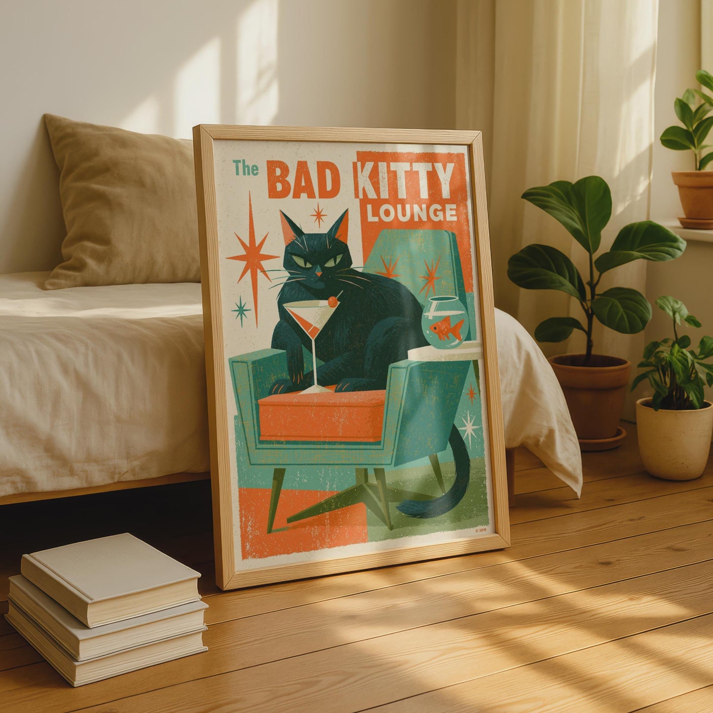 Bad Kitty Lounge Black Cat Poster, Mid Century Modern Retro Cat Wall Art Print