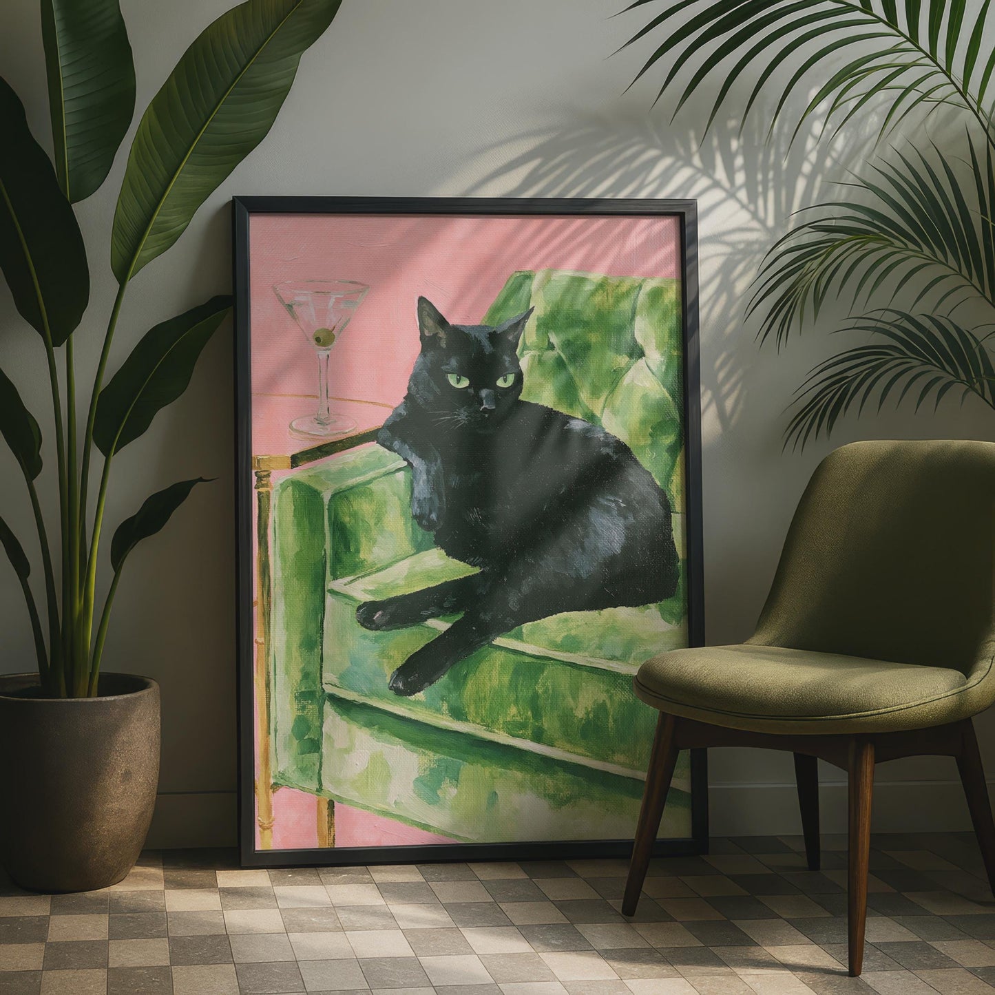 Black Cat Martini Poster, Green Velvet Sofa Wall Art, Retro Pink Cat Print for Living Room