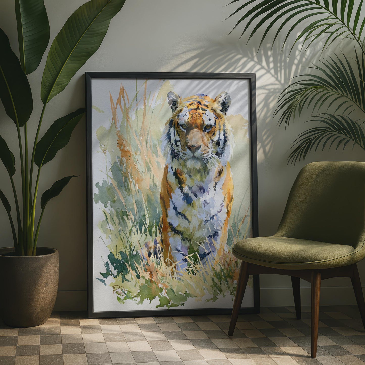 Tiger Watercolour Poster, Wildlife Wall Art Print, Big Cat Nature Decor, Orange