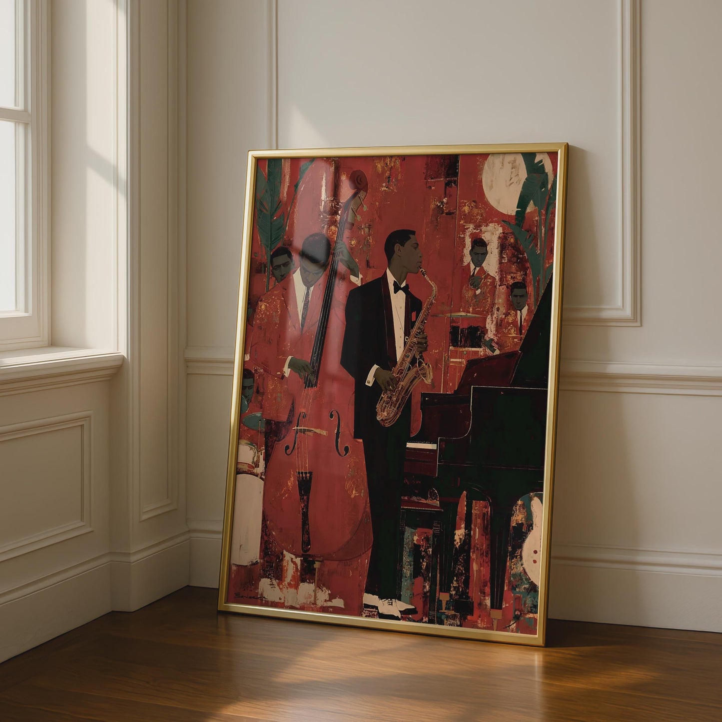Jazz Band Poster, Saxophone Double Bass Piano, Red Music Wall Art Print