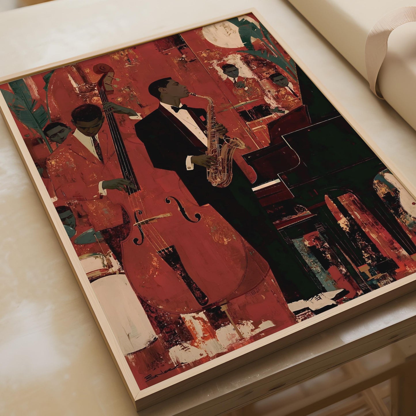 Jazz Band Poster, Saxophone Double Bass Piano, Red Music Wall Art Print