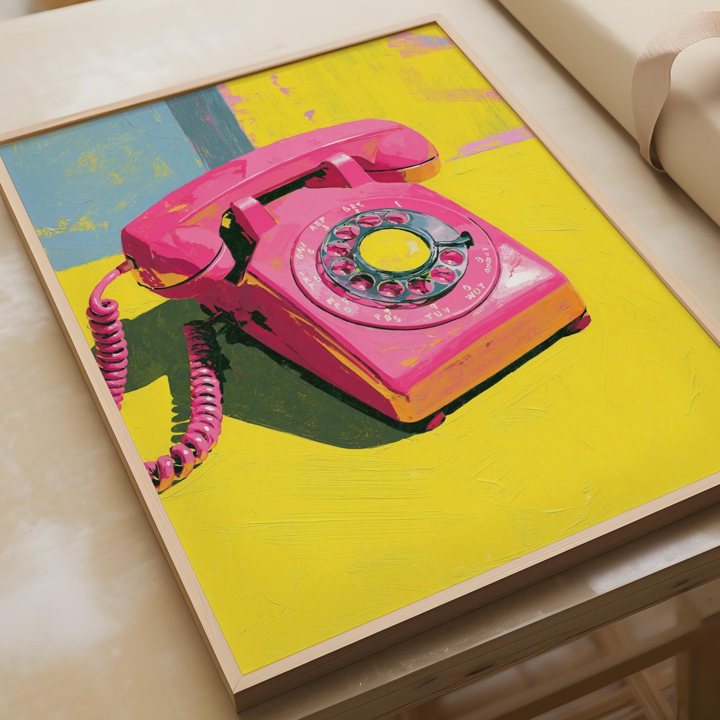 Pink Rotary Telephone Poster, Retro Pop Art Print, Bold Yellow Wall Art, 70s
