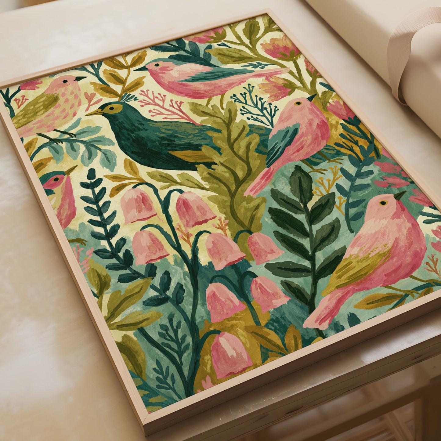 Folk Art Birds Botanical Poster, Pink and Teal Garden Wall Art, Floral Bird Print