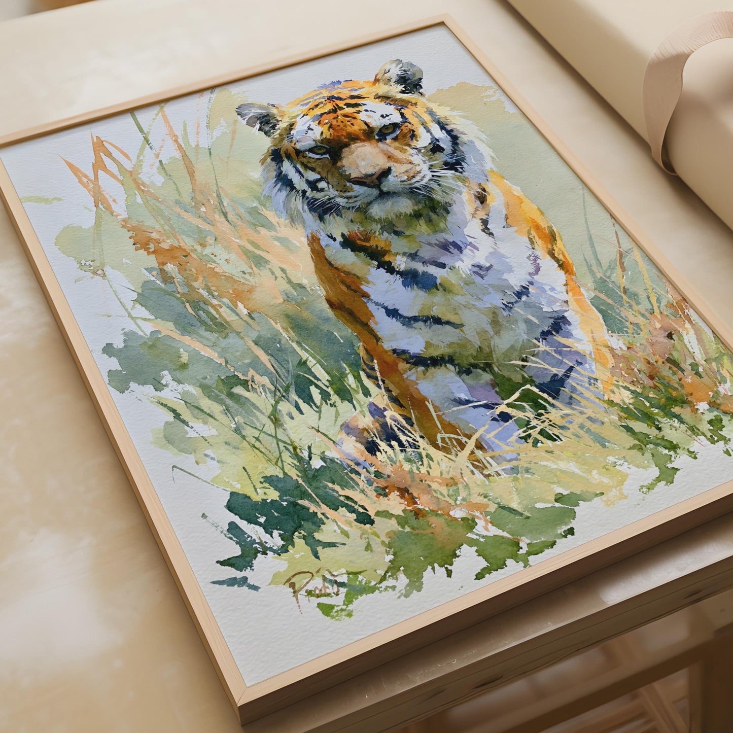 Tiger Watercolour Poster, Wildlife Wall Art Print, Big Cat Nature Decor, Orange