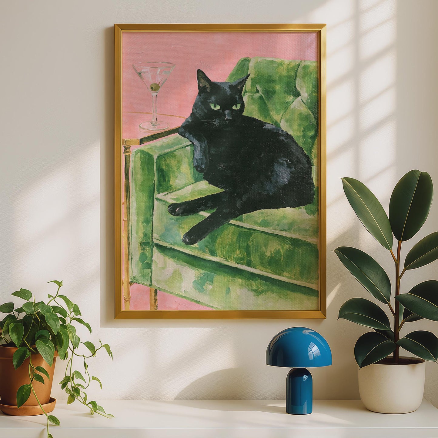 Black Cat Martini Poster, Green Velvet Sofa Wall Art, Retro Pink Cat Print for Living Room