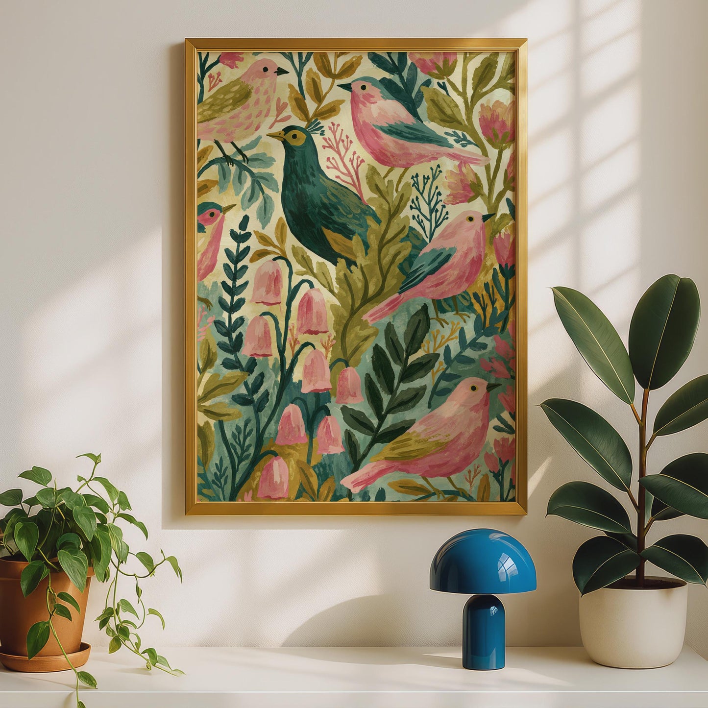Folk Art Birds Botanical Poster, Pink and Teal Garden Wall Art, Floral Bird Print