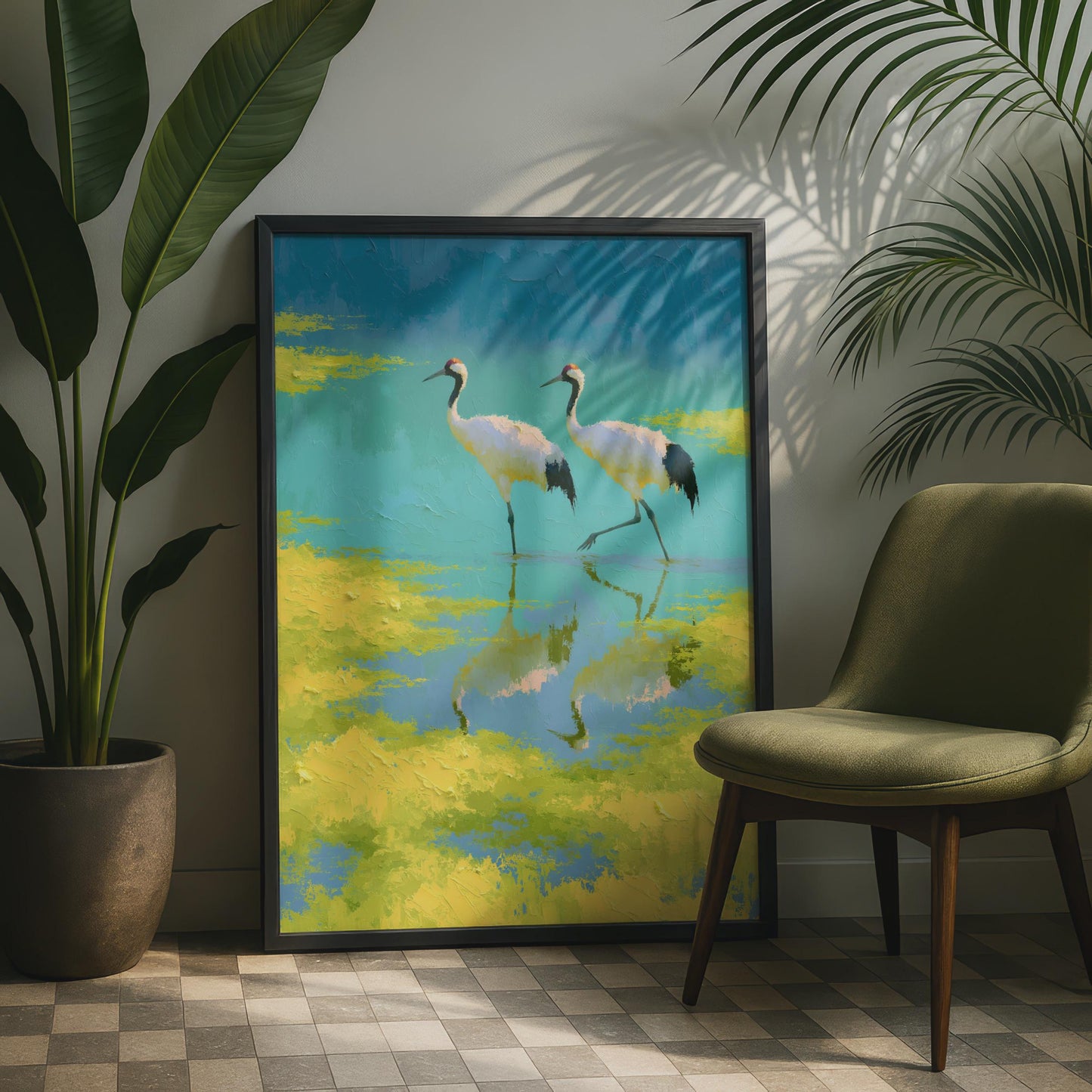 Red Crowned Crane Poster, Japanese Crane Bird Wall Art, Teal Yellow Oil Painting Print
