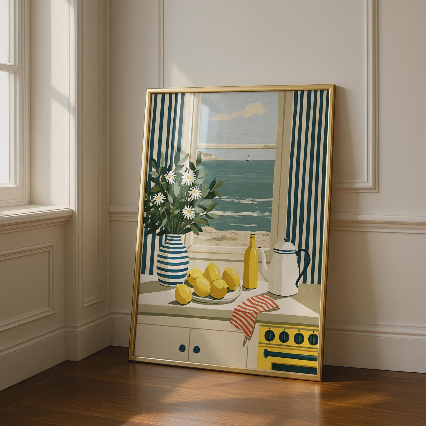 Coastal Kitchen Still Life Poster, Lemons Daisy Nautical Wall Art Print, Seaside